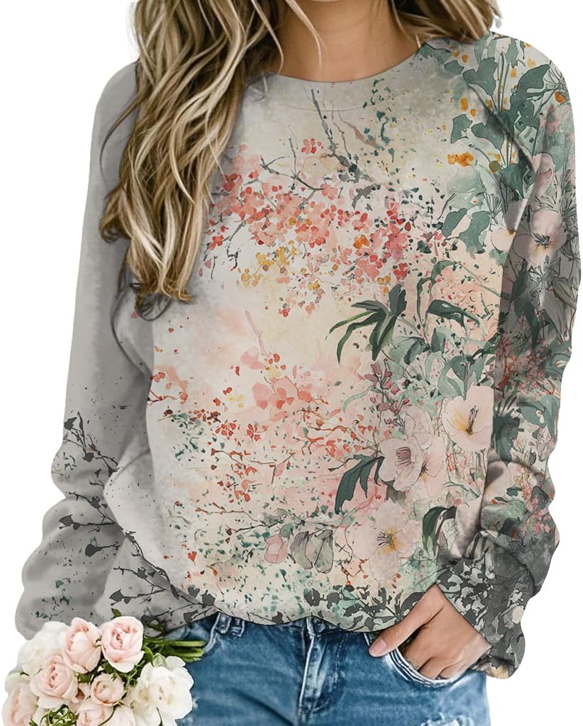 ZOCANIA Floral Sweatshirts for Women Crewneck Long Sleeve Top Womens Printed Sweatshirt Loose Fit Tunics Casual Pullover
