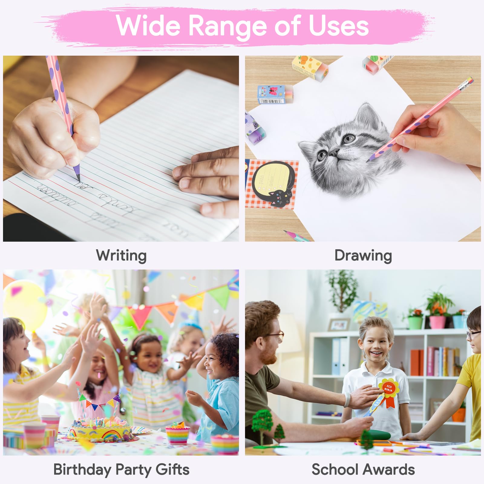 SKAMORI 60 Piezas Lapices con Gomas Niños Regalo, 20 Gomas de Borrar Divertidas + 20 Lápices Triangulares + 20 Notas Adhesivas, Regalos Cumpleaños Niños Colegio & Detalles Cumpleaños Infantil