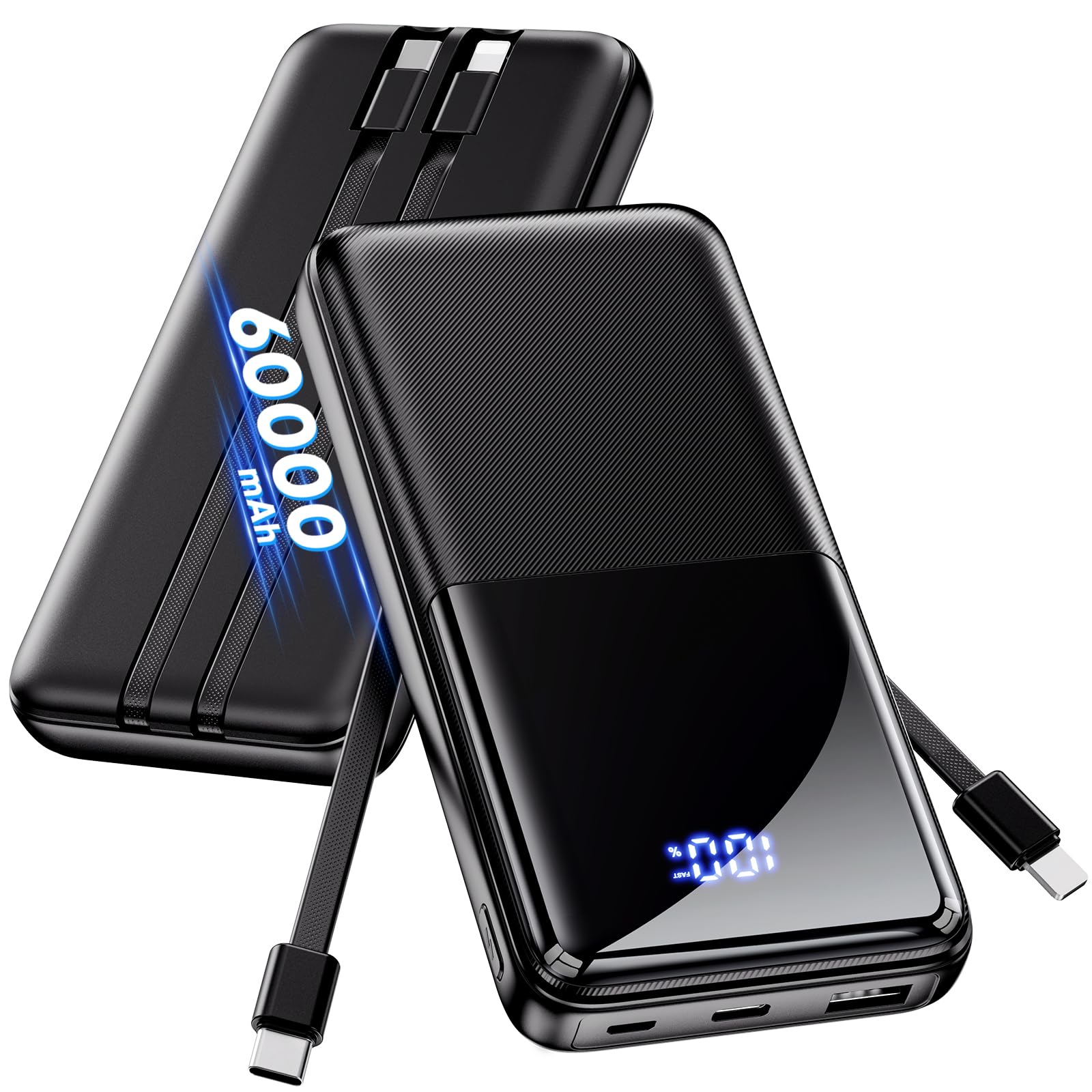 モバイルバッテリー 大容量 【60000mAh·22.5W急速充電·4台同時充電可能】2つのケーブル内蔵 Type-C入出力ポート USB-A出力ポート コンパクト LED電量残量表示 携帯充電器 持ち運び便利 PSE認証済み 安全回路保護 iPhone 17/16/15/iPad/Android各種スマホ対応 旅行/出張/防災