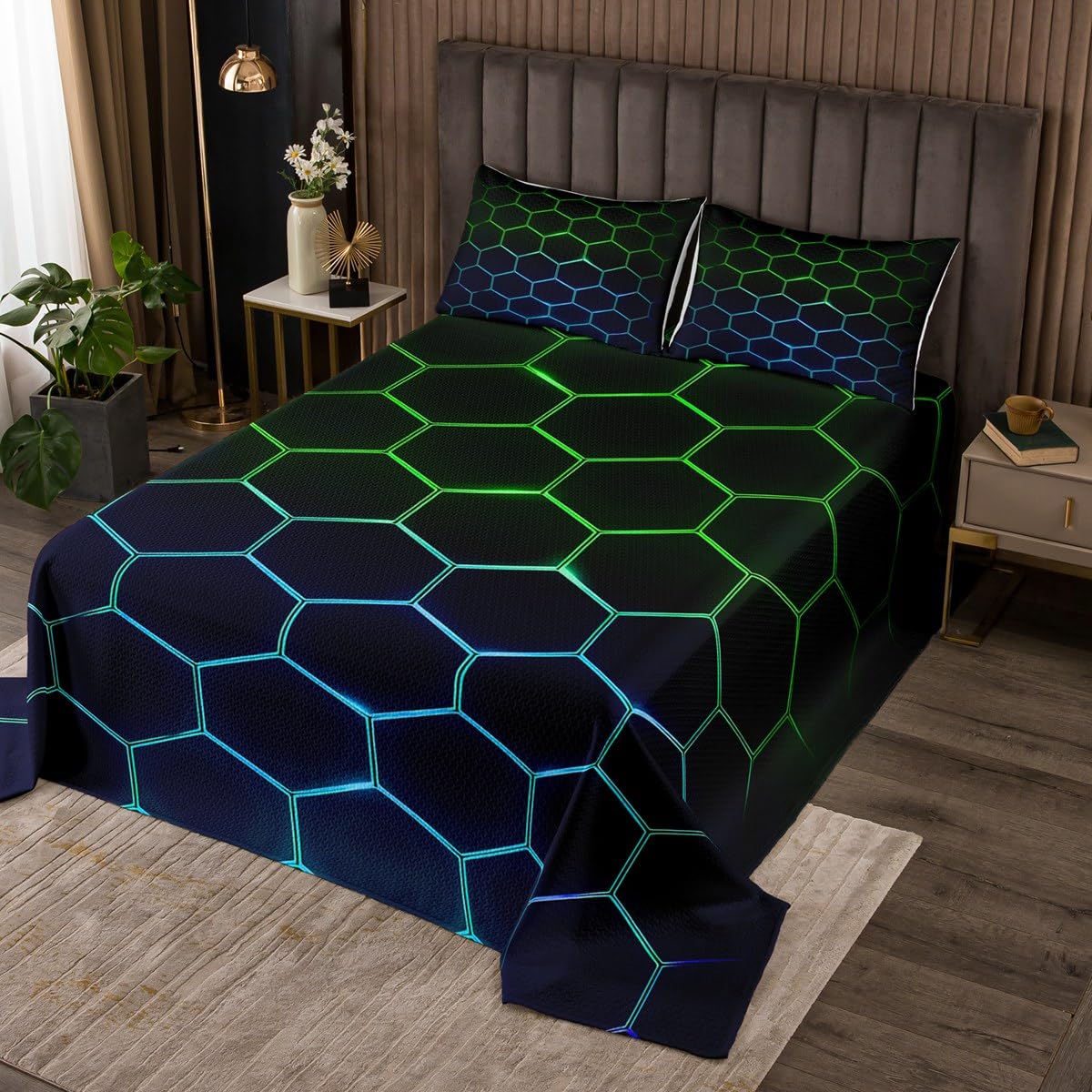 Castle Fairy Geometric Honeycomb Bedding Set Queen Size,Neon Green Blue Bedspread 3Pcs for Kids Boys Teens Room Decor,Glowing Hexagon Comforter Set Modern Fashion Quilt Coverlet,2 Pillowcases