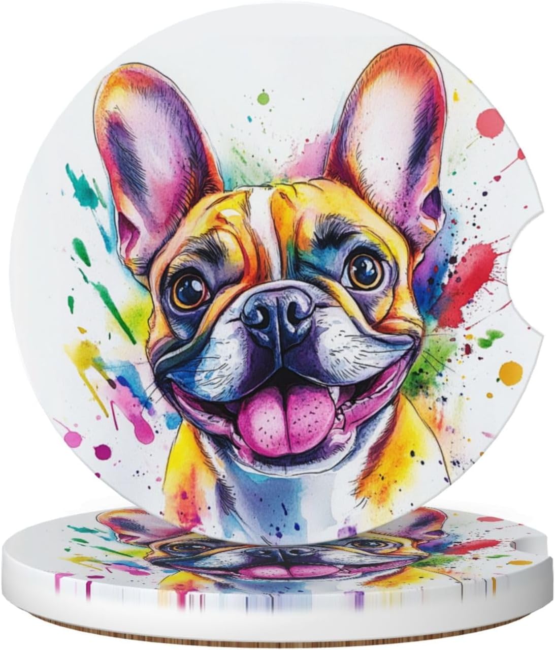 Famame 2 Pcs Splash French Bulldog Pug Ceramic Car Coasters Anti-Slip Absorbent Coaster Sets for Drinks Car Decor Auto Accessories