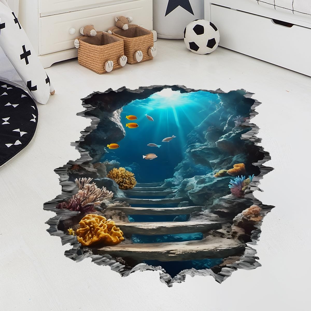 3D Ocean Wall Decal, Underwater Scene with Coral Reef Wall Stickers, 75 x 68 cm