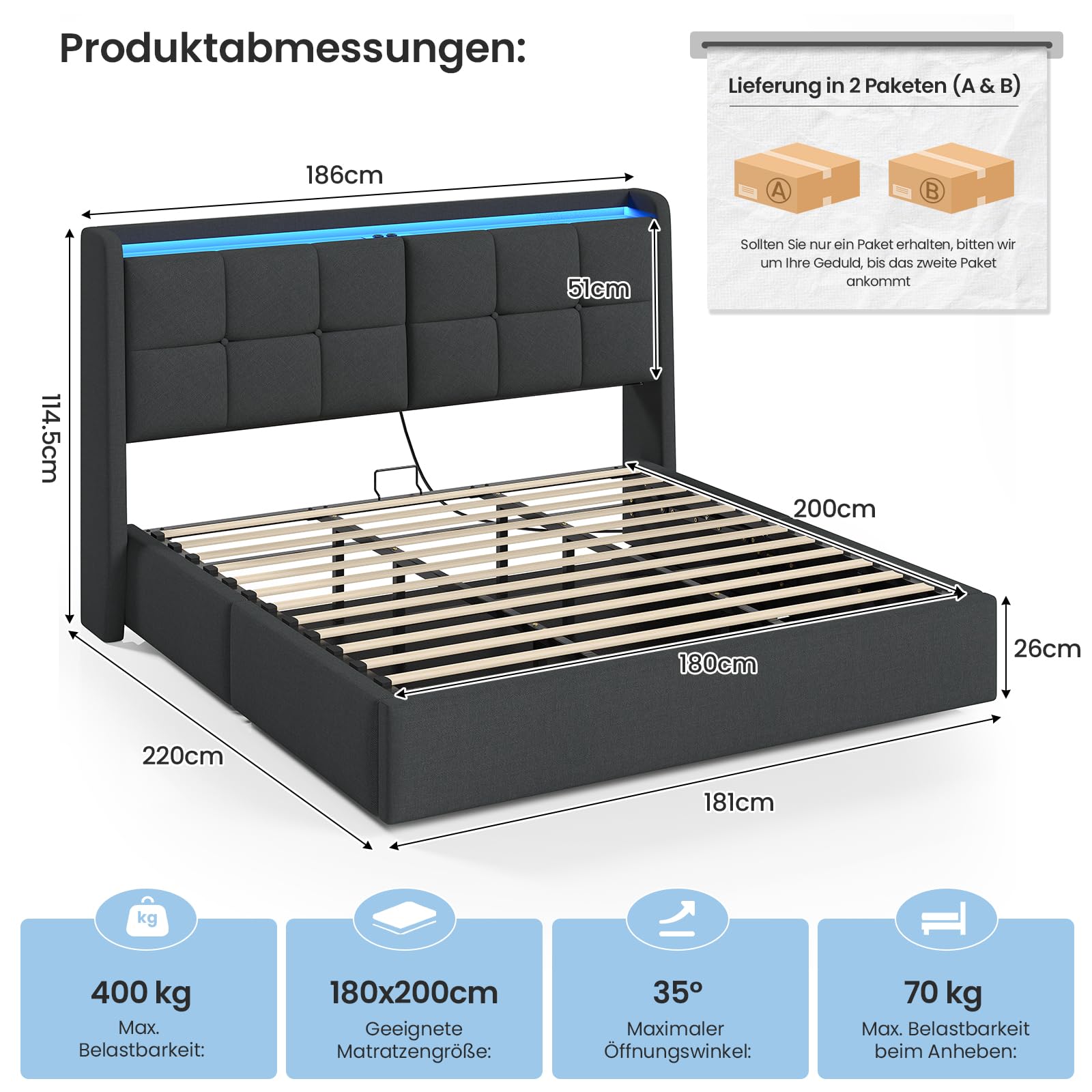 Brinlawb Polsterbett 180x200 mit Bettkasten, Hydraulisch Stauraumbett mit LED-Beleuchtung und Ladestation, Doppelbett 180x200 cm mit gepolstertem Stauraum-Kopfteil und viel Stauraum unterm Bett, Grau