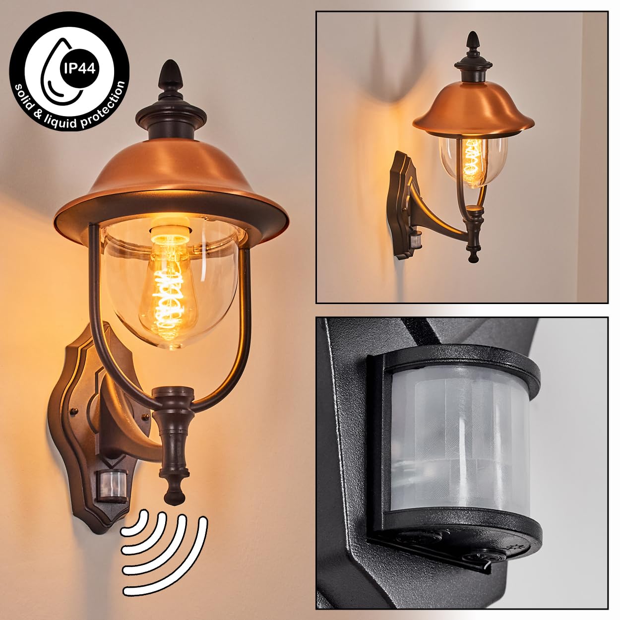 HOFSTEIN Außenwandleuchte Gascon, Außenwandlampe mit Bewegungsmelder aus Metall/Kunststoff in Schwarz/Kupfer/Klar, Wandleuchte außen im Vintage/Antik/Landhaus-Design, Garten, Hof, Haustür, E27, IP44
