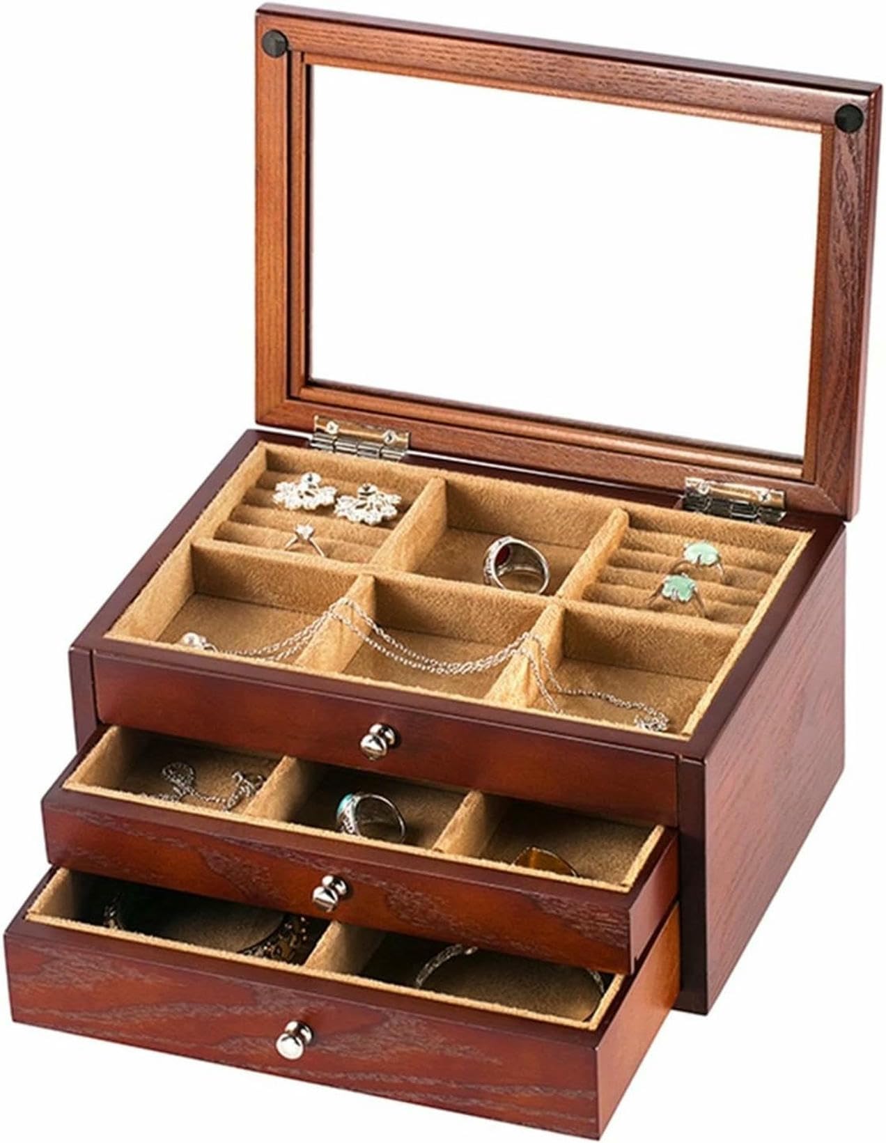 Boîte de Rangement de Bijoux anti-nœuds, Coffret Bois à Couvercle Vitré