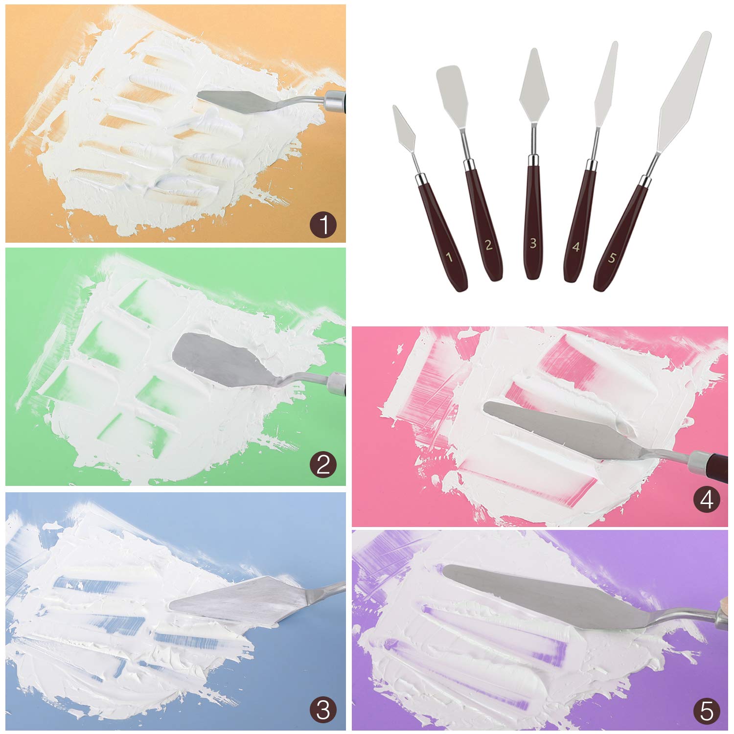 Dadanism 5 Pieces Painting Knives Thin & Flexible Stainless Steel Palette Knife Set Oil Painting Metal Knives Color Mixing Scraper Painting Art Spatula Palette Knife Tools - Reddish Brown 4
