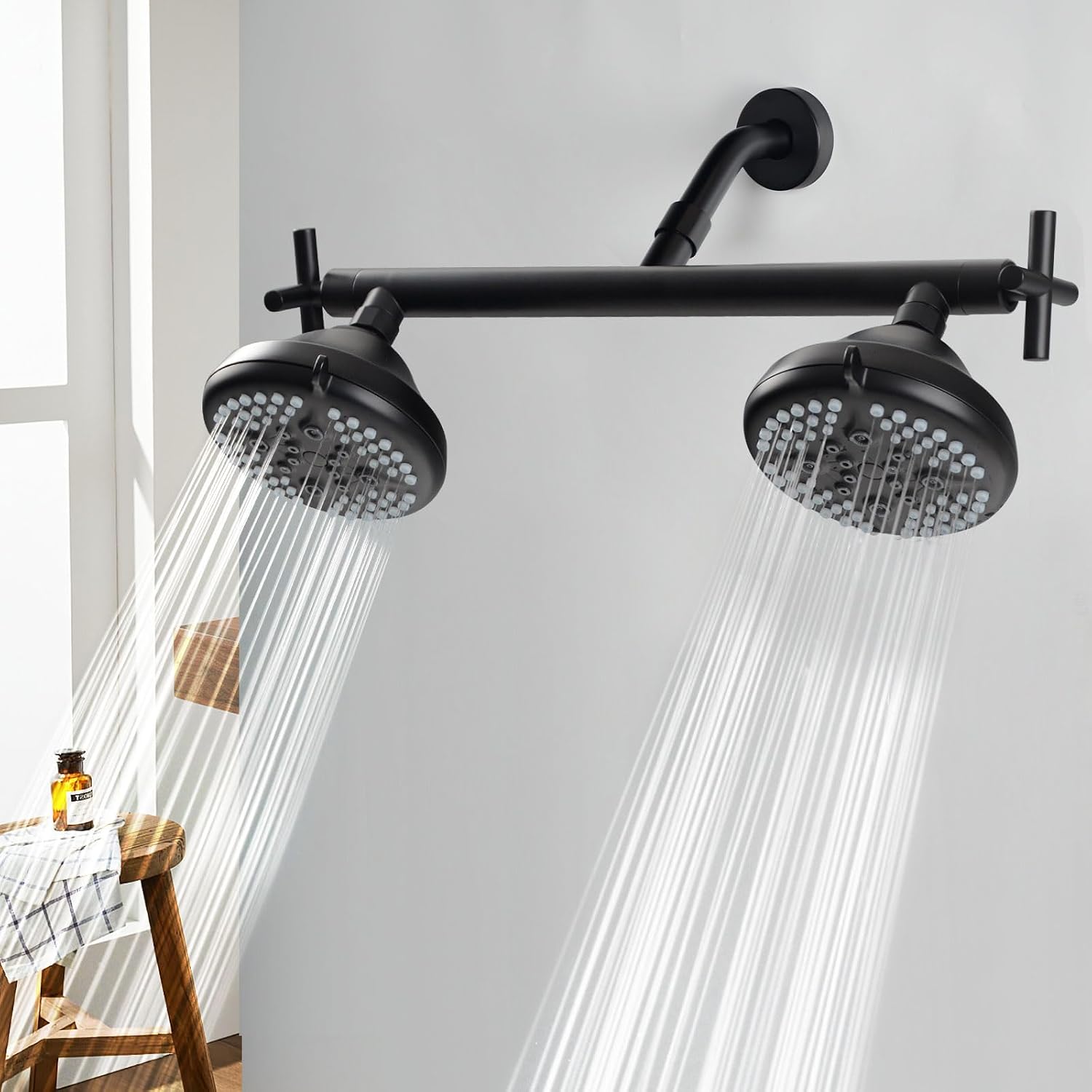 Double Shower Head with Shower Head Shut-Off Valve,High Pressure 4 Setting Dual ShowerHead System For Couples,2 Person Shower Manifold Built-in Valve,2 Shower Sprayers Combo,Matte Black,AB1MG