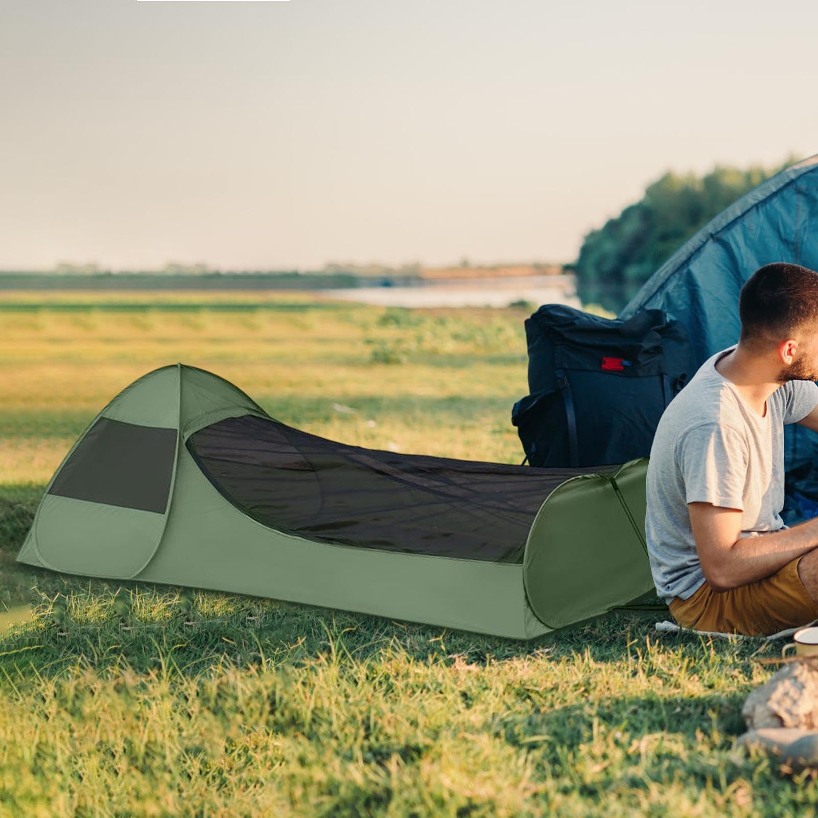 Carpa neta para acampar, cama individual plegable emergente - Soende Bag Net Carpa doble tirador cama toldo, protección de red más fina, equipo de respiración para viajes y viajes al aire libre