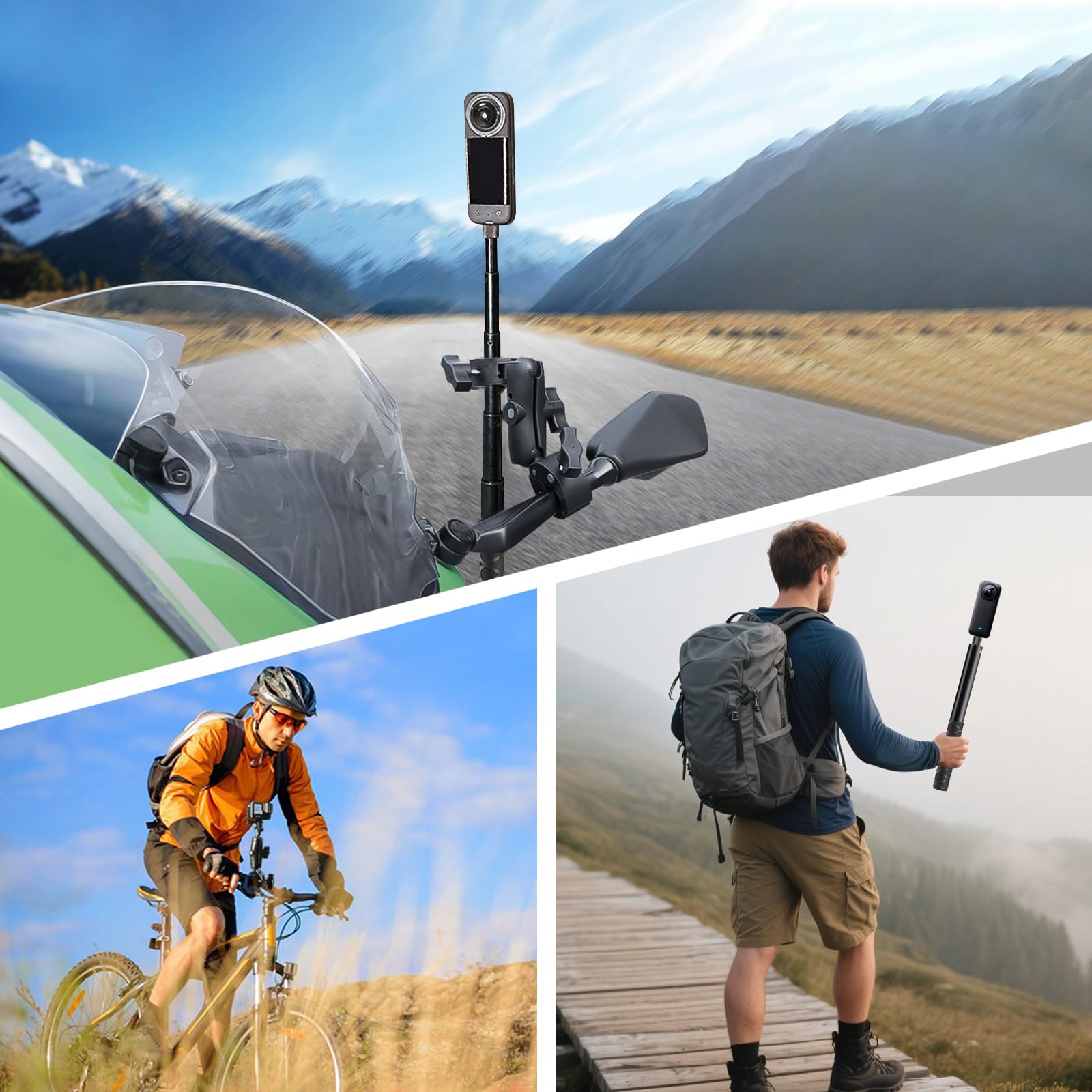 Ergocar Zestaw montażowy z podwójnym zaciskiem do kierownicy rowerowej z niewidocznym uchwytem teleskopowym do selfie, odpowiedni do kamery sportowej Insta3603, uchwyt do jazdy na motocyklu, 4/x3