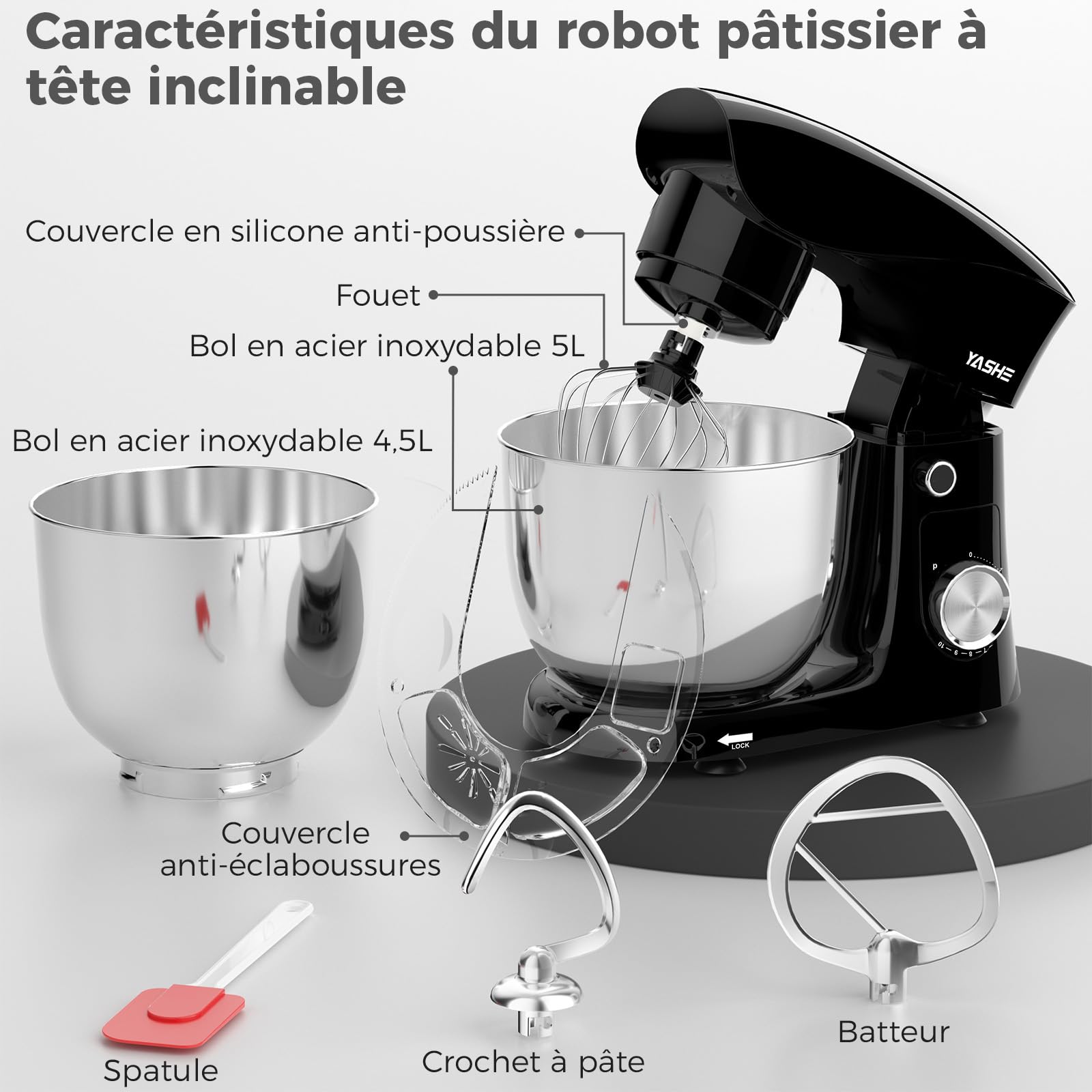 YASHE Robot Pâtissier 1500W, 4,5L + 5L Deux Bols en Acier Inoxydable, 10+P Vitesses, Tête Inclinable, Crochet à Pâte, Batteur & Fouet, Robot Pétrin Professionnel, Noir