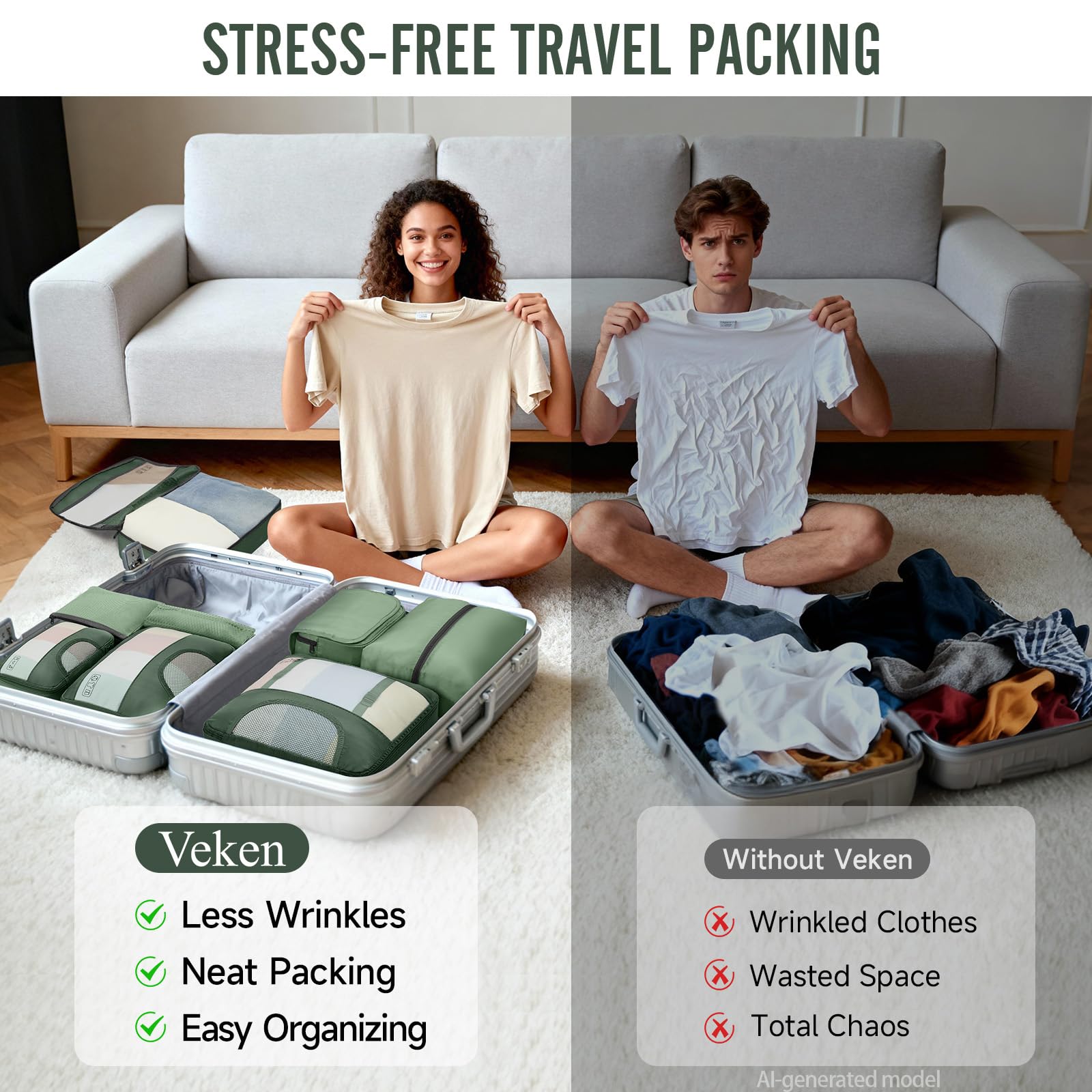 Veken 8 Set Packing Cubes for Travel Essentials,Anti-Wrinkle Buckled Suitcase Organizer for Shoe & Toiletry Bag,Carry On Luggage Bag with 99+ Count Mesh Holes for Airplane & College Dorm Accessories view 8