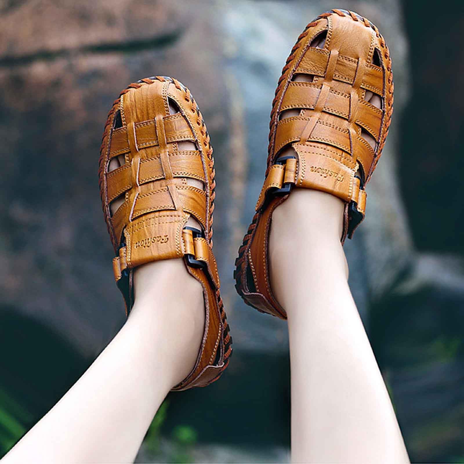 Sandalias Playa Hombre Suela de Goma Cuero con Bandas Ajustables Senderismo Casual Chanclas Piscina Transpirable Zapas Calzado Sandalia Punta Reforzada Secado Rapido para