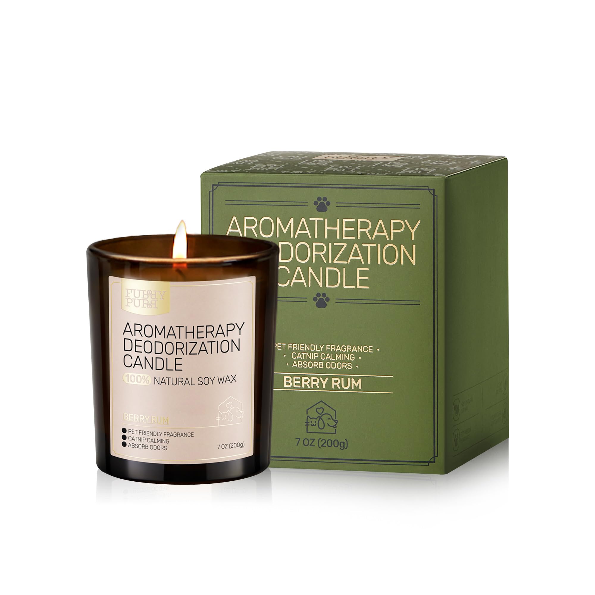 FURRYPURR Odor Eliminating Candle, Berry Rum Scented Candle, Pet-Friendly Soy Candles, 60 Hours, 7 oz