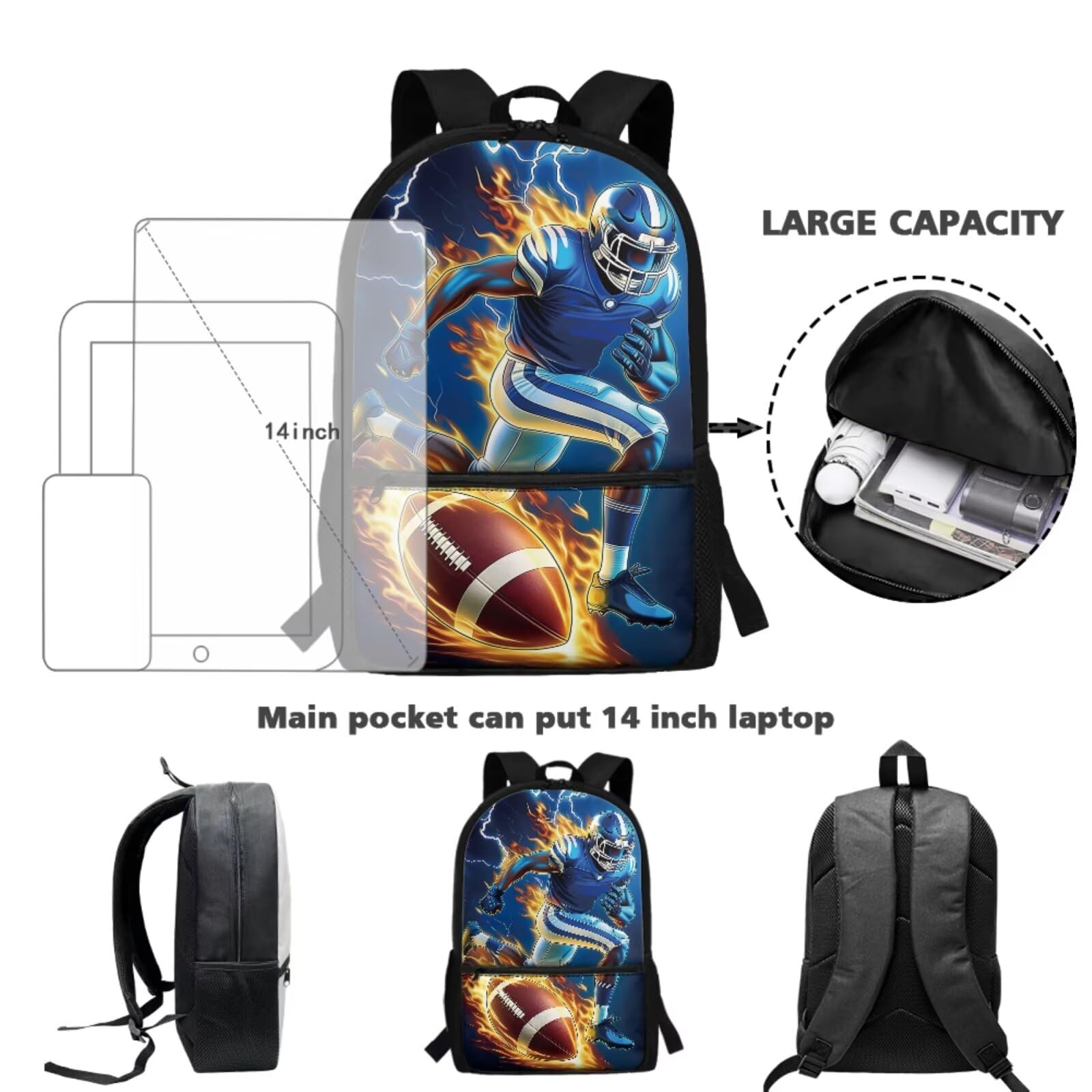 COEQINE Mochila negra para niños de 5 a 10 años con fiambrera, 4 bolsas escolares con llavero portátil, estuche para lápices, mochila para laptop, Football Player Dark Blue Lightning Flame, M
