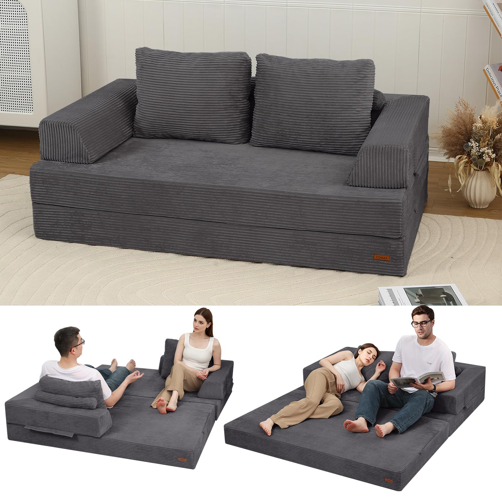 MeMoreCool Convertible Sofa Bed, Corduroy Folding Boneless Couch, Grey