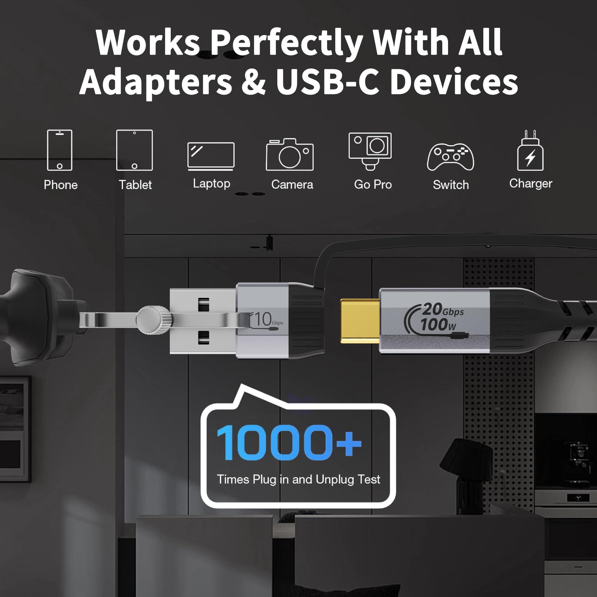 Cavo USB C lungo（5 metri+5 metri） Multifunzione 2 in 1, Cavo USB A a Type C USB 3.2 Gen 2x2 20Gbps, Trasferimento Dati, Video UHD 4K@60Hz, Ricarica Rapida, Compatibile con android auto