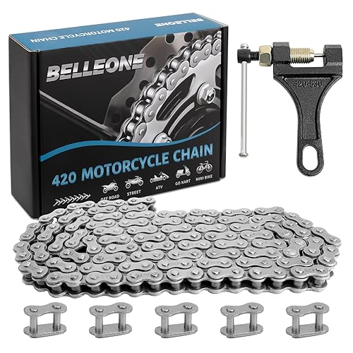 Vista 17 de Belleone Cadena de motocicleta 420 – 420 cadenas de rodillos estándar 132 eslabones + rompedores de cadena, se adapta a 50, 70, 90, 110 cc, 125 cc