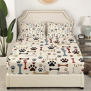 Cute Dog Paws Print Kids Fitted Sheet Full Size,Corgi Pug Lovely Animals Pets Bedding Set,Girls Boys Adults Bedroom Decor,Dog Bones Cartoon Bed Cover,Colorful Bed Sheet,2 Pillowcases