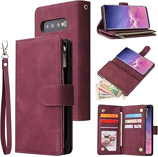 LBYZCASE Galaxy S10 Case,Samsung S10 Wallet Case,Luxury Folio Flip Leather Phone Cover[Zipper Pocket][Wrist Strap][Kickstand][Magnetic Closure] for Samsung Galaxy S10-Wine Red