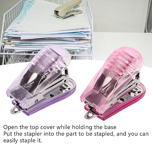 Miniatura 3 de Engrapadora de mano, mini grapadora de 2 piezas con extractor de pasadores para encuadernación de documentos (morado y rosa)
