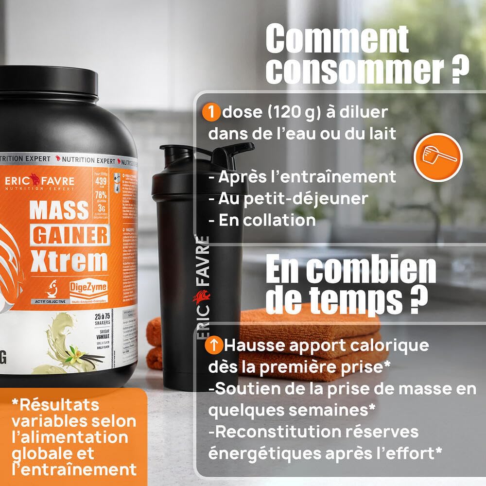 MASS GAINER XTREM avec CREATINE - Gainer Prise de Masse - 433 kcal, 94g Glucides, 3g Créatine, Whey + Digezyme - 3kg - Saveur Chocolat - Eric Favre