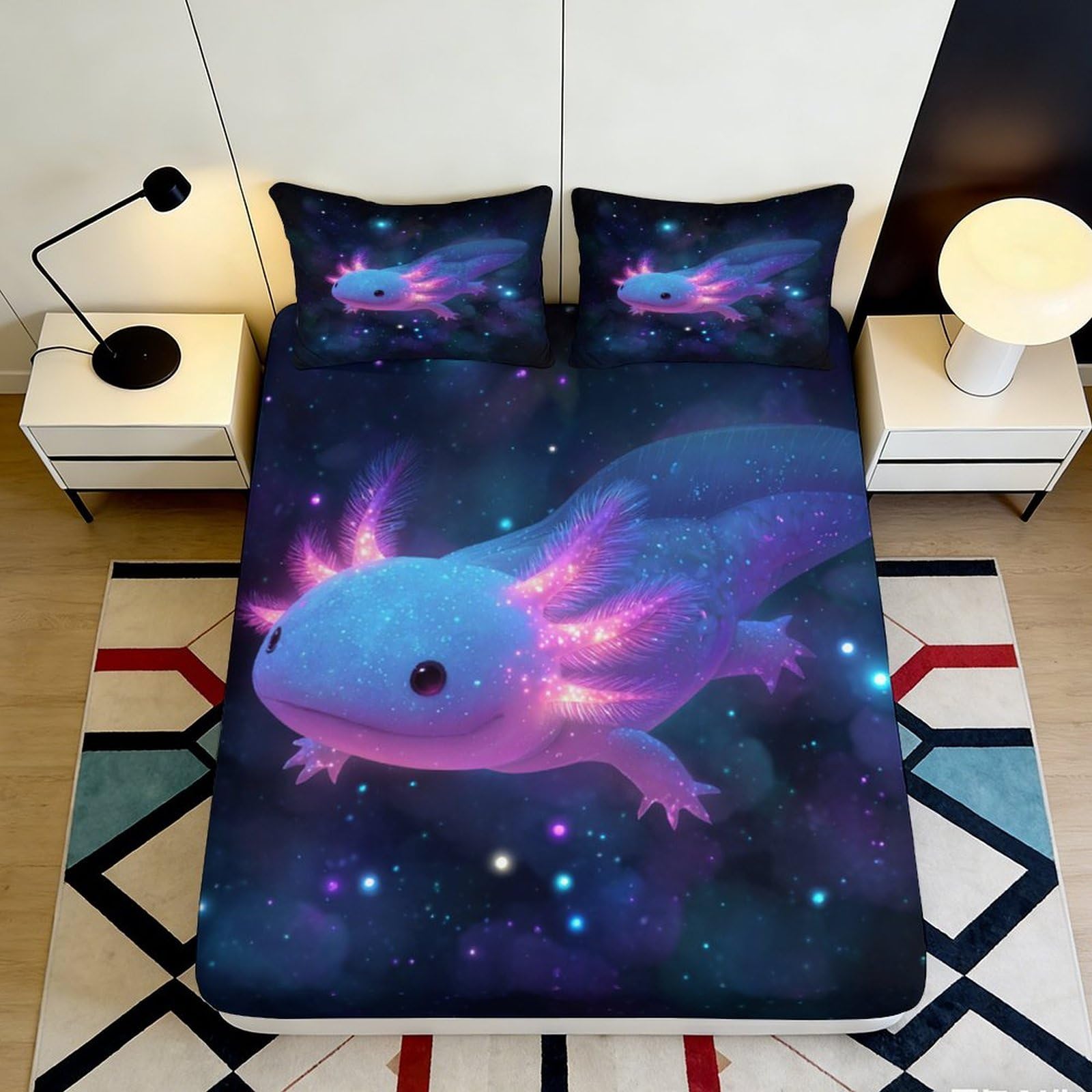 3D Printed Fantasy Axolotl Fitted Sheet Microfiber Soft Breathable Cosmic Universe Bed Cover for Bedroom Dorm Decor 90x200x25cm