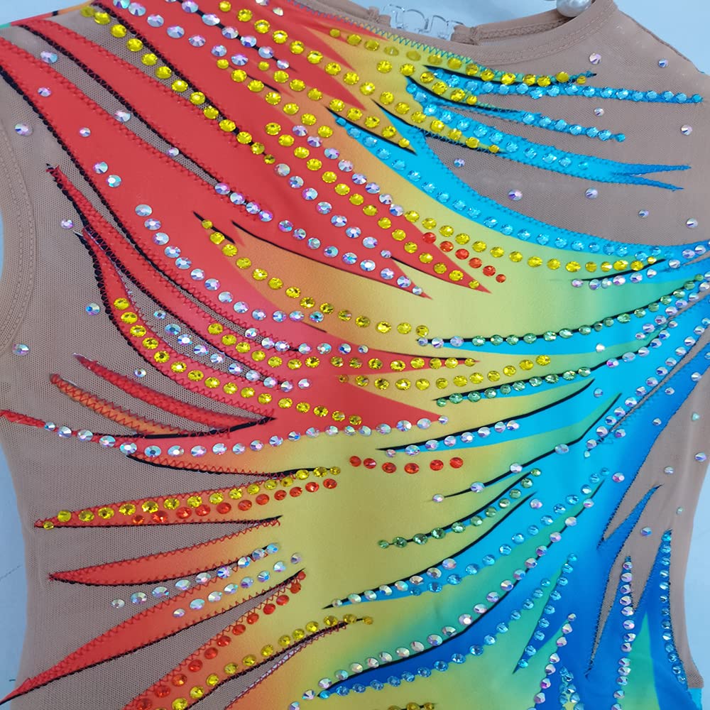 LIUHUO Justaucorps de gymnastique rythmique arc-en-ciel diamant sans manches à franges pour fille