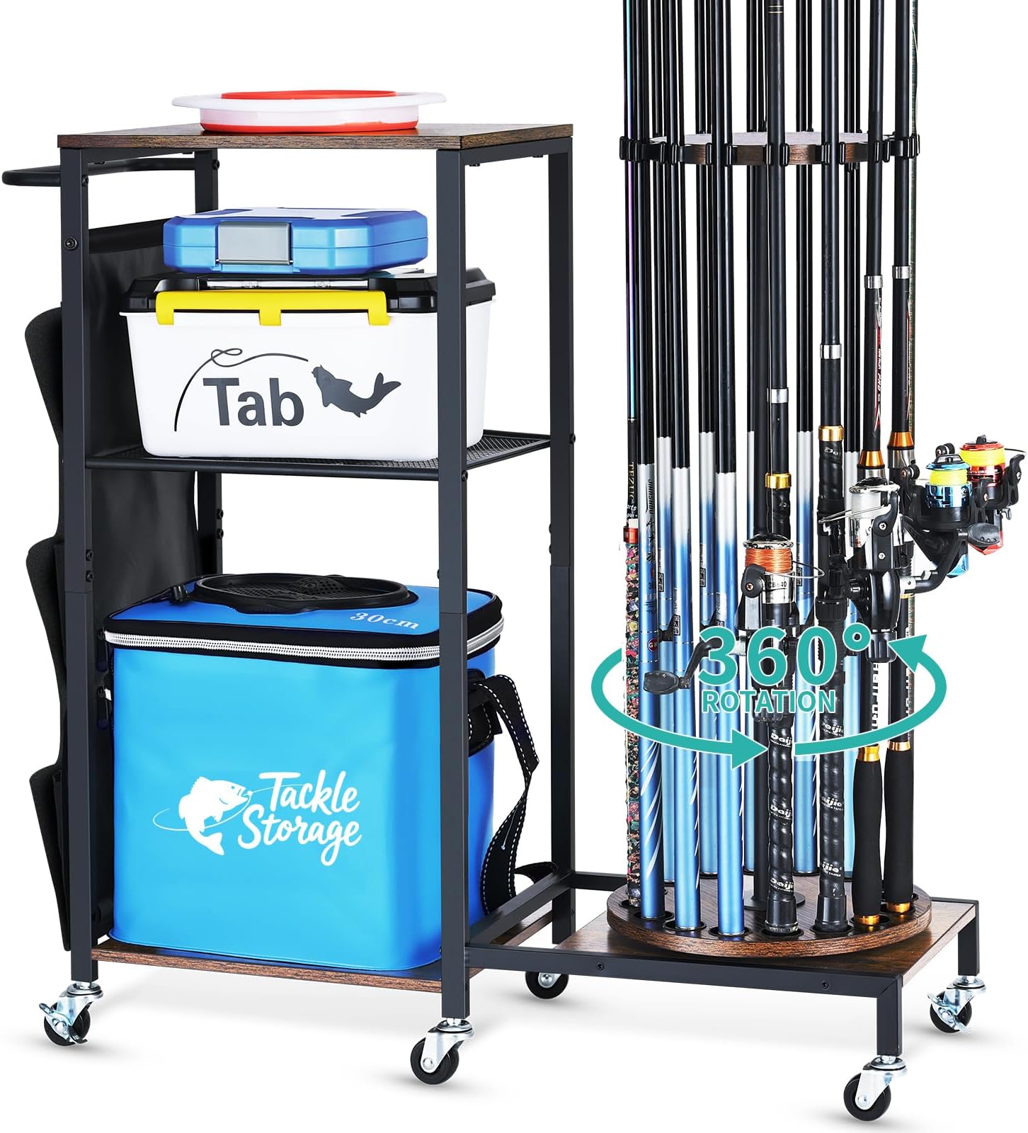 HapiRm Fishing Rod Holder for Garage - 360° Rotating Fishing Pole Rack with Wheels, Storage Organizer Cart for 12 Rods & Tackle Boxes - Space-Saving Fishing Rod Storage Stand for Men’s Fishing Gear