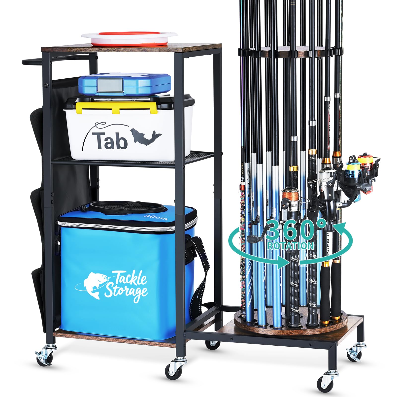HapiRm Fishing Rod Holder for Garage - 360° Rotating Fishing Pole Rack with Wheels, Storage Organizer Cart for 12 Rods & Tackle Boxes - Space-Saving Fishing Rod Storage Stand for Men’s Fishing Gear