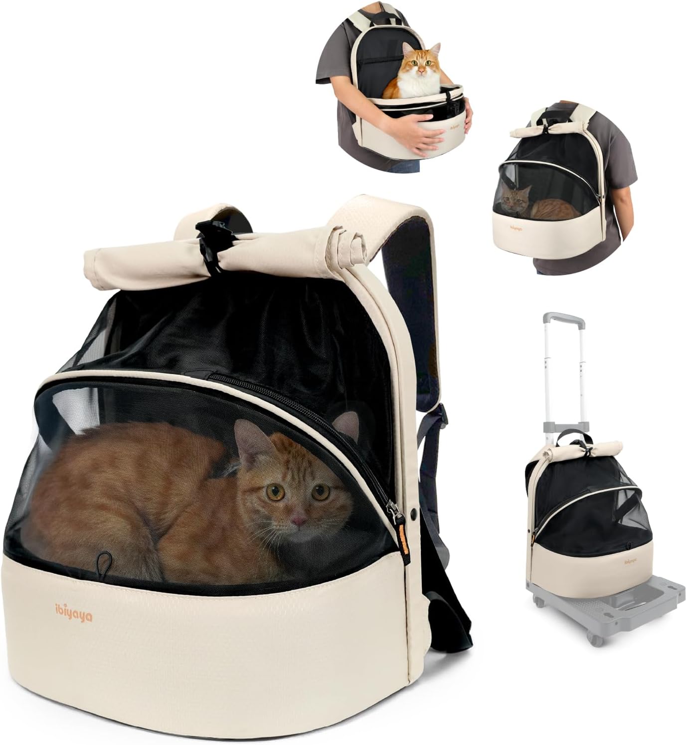 ibiyaya Pet Backpack Carrier for Small Dogs & Cats – 3-in-1 Travel Backpack, Front Pack, Optional Wheels – Zipper-Free, Foldable, Airline Approved (Buttermilk)