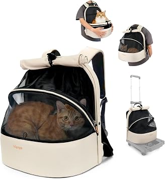 ibiyaya Pet Backpack Carrier for Small Dogs & Cats 3-in-1 Travel Backpack, Front Pack, Optional Wheels Zipper-Free, Foldable, Airline Approved Buttermilk