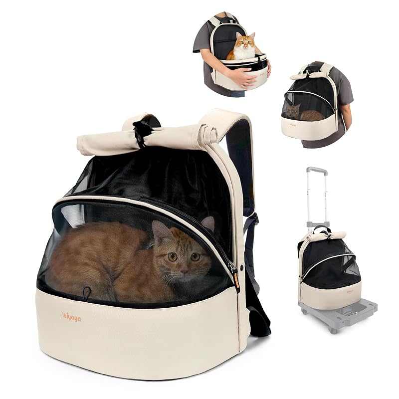 Mochila de transporte 3 em 1 para cães pequenos e gatos ibiyaya, dobrável e sem zíper, Buttermilk