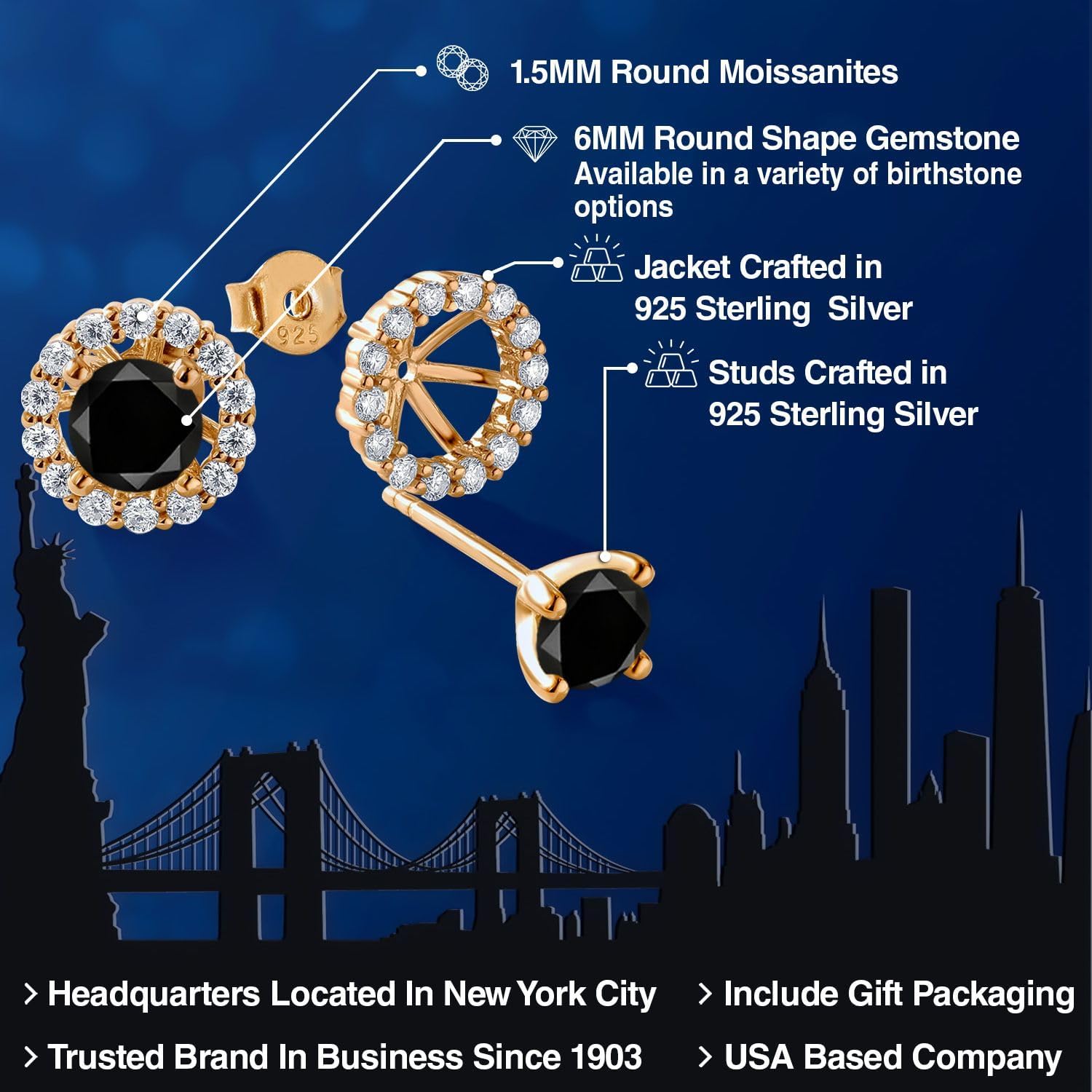 Gem Stone King 18K Yellow Gold Plated Silver Stud Earrings Round Black Diamond and Moissanite (2.52 Cttw) - Image 2