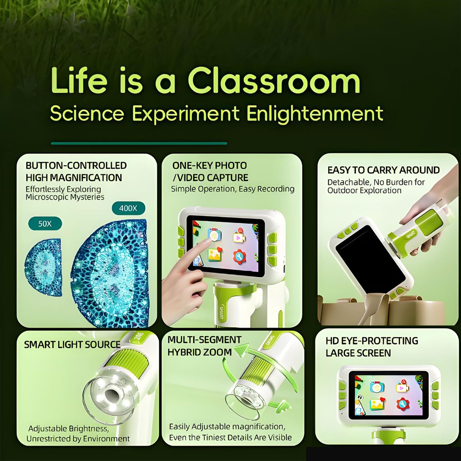 Microscopio Digital para Niños, Microscopio PortáTil 1600x con Pantalla LCD 4.0" para Fotos y Videos Microscopi Infantil Educativo Regalo para Niños 6-12 Años para Ciencia y Experimentos (Verde)