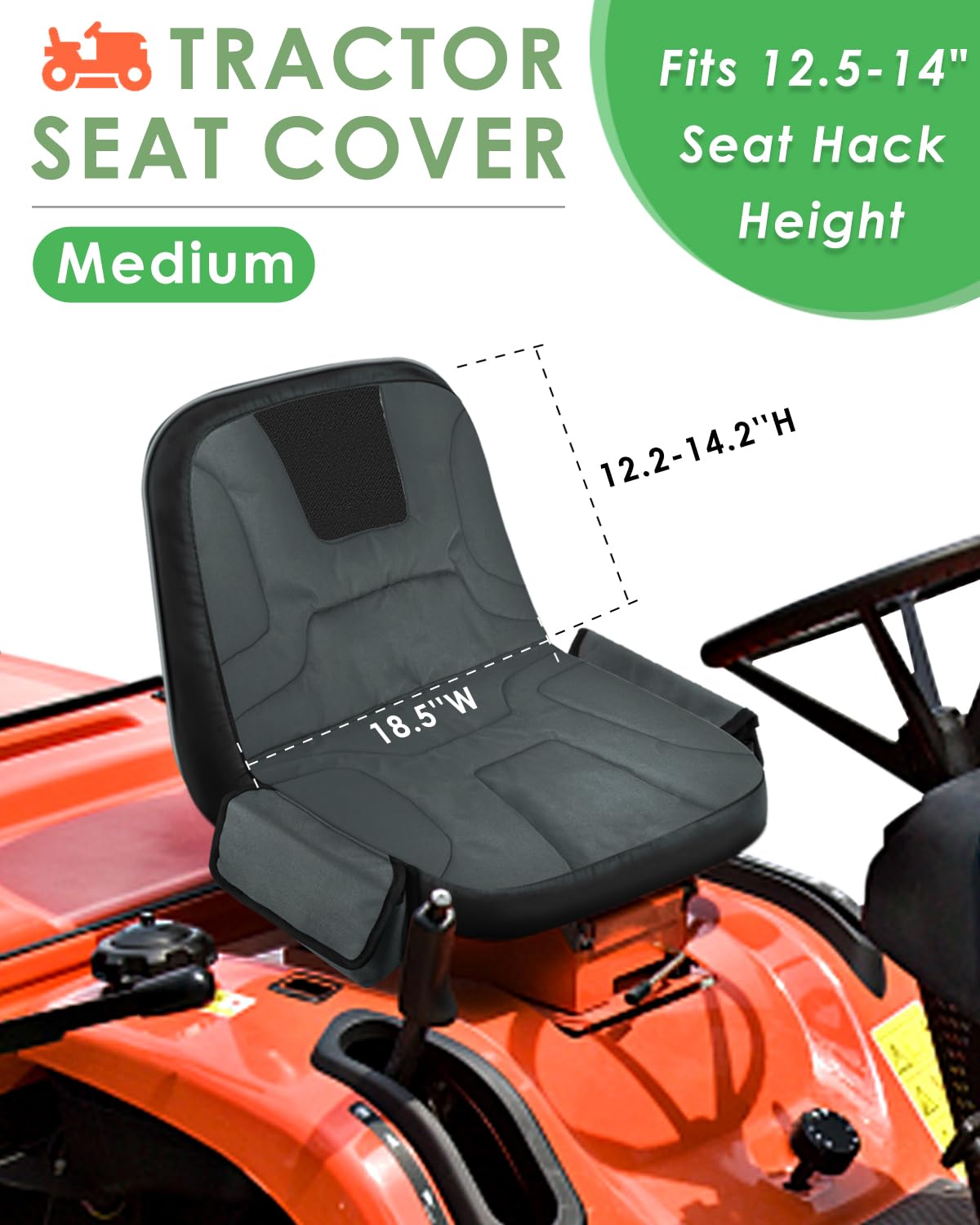 PACETAP Funda de Asiento de Tractor con Bolsa de Bebidas, Resistente al Agua, Oxford 600D, para cortacésped, Compatible con Kubota, Cub Cadet, Ford, Mahindra, Husqvarna (Negro, Mediano)