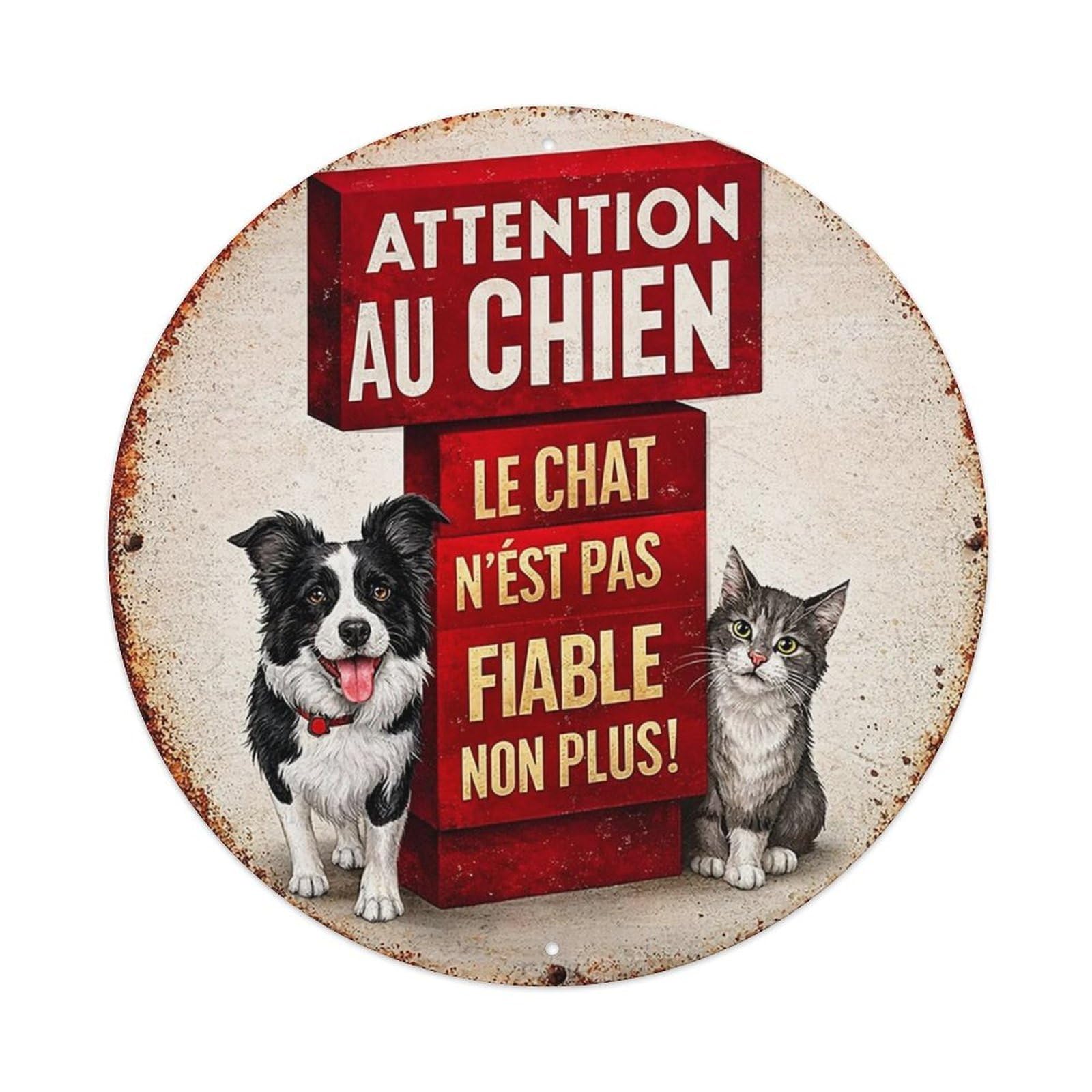 Jdyansheng Vintage Attention Au Chien Le Chat Tin Sign Metal Poster Metal Signs For Home Man Cave Bar Cafe Kitchen Laundry Room Wall Decorations 8X8 Inches