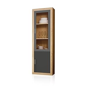 duehome | Vitrina Reversible con 2 Puertas, Composicion Salon por Piezas, Modelo Nuka, Acabado en Cambria y Gris Grafito, Medidas: 60 cm (Largo) x 193,2 cm (Alto) x 34,6 cm (Fondo)