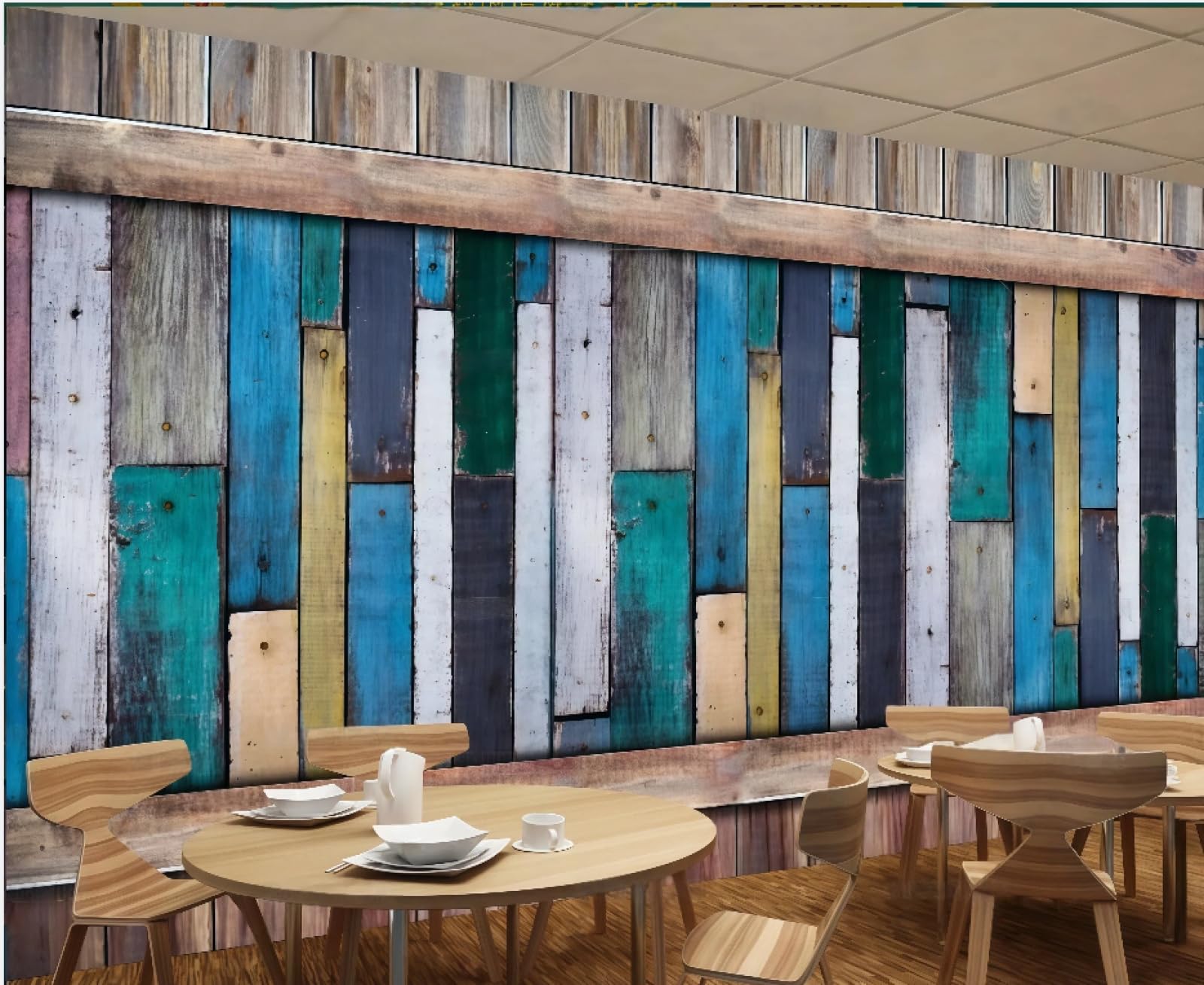 rskjdghshd Wallpaper Retro Nostalgic Color Wood Block Wood Grain Collage Drink Shop Bar Background Wall Western Restaurant Wallpaper Cafe Mural,3D,300x210cm