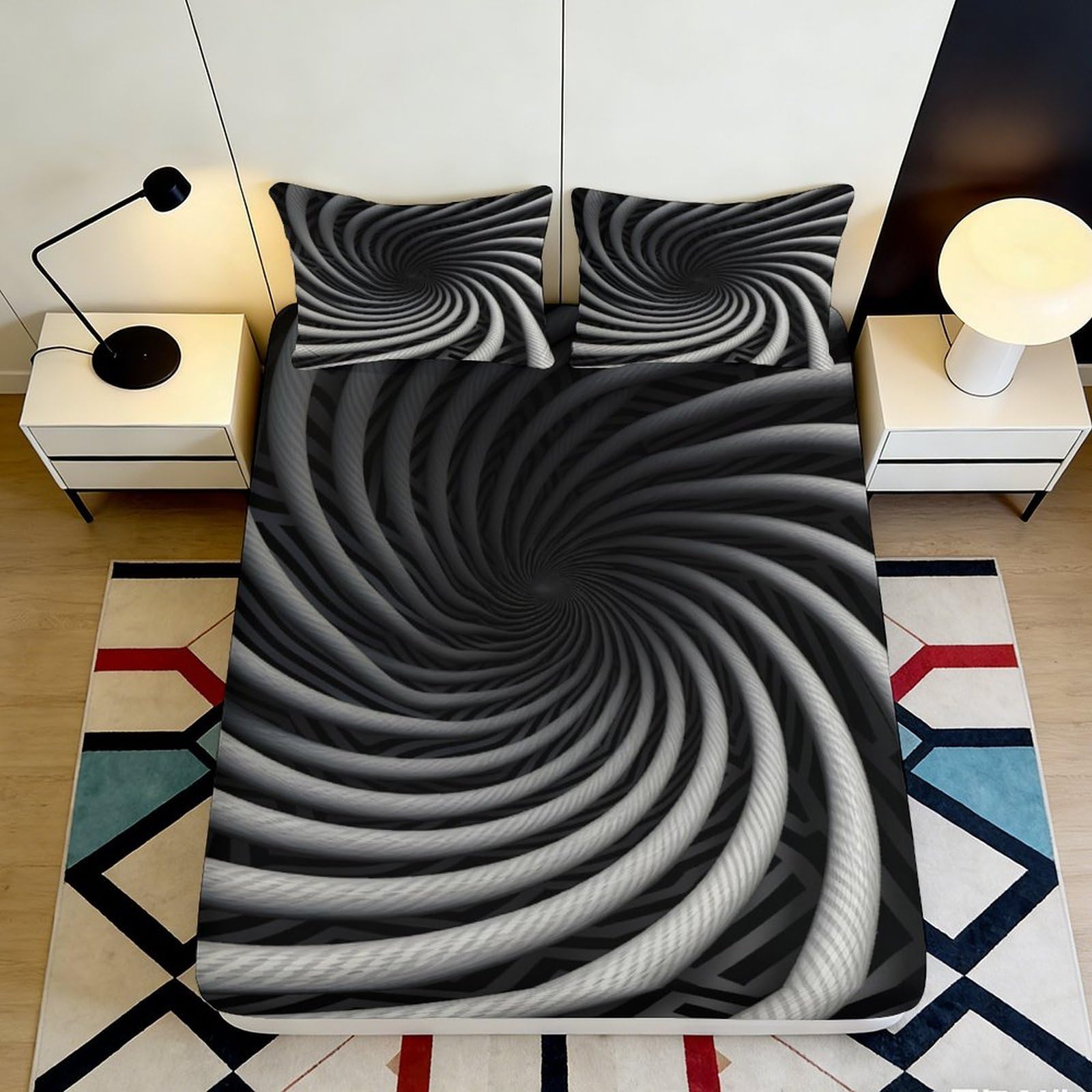 3D Printed Black Spiral Swirl Fitted Sheet Microfiber Soft Breathable Optical Illusion Bed Cover for Bedroom Dorm Dormitory Mattress Protection 160x200x25cm