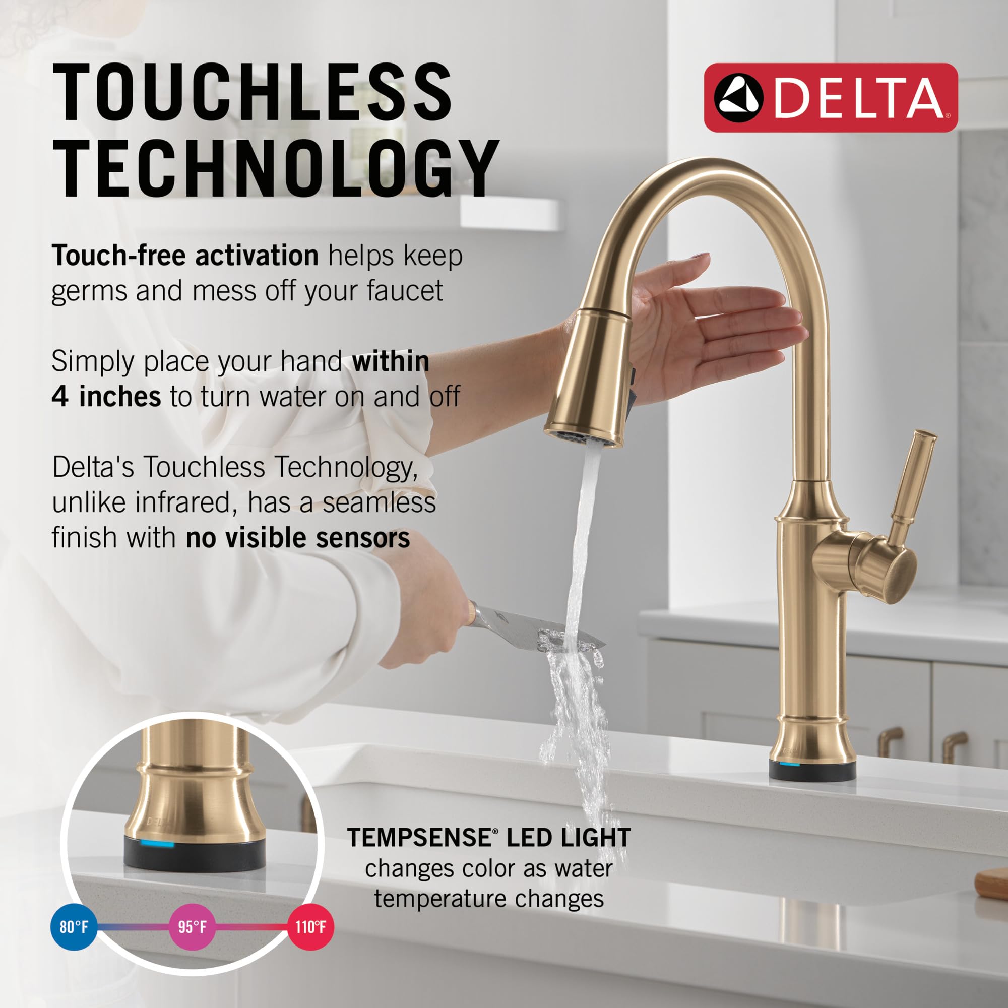 Delta Renaldi - Grifo de cocina sin contacto con tecnología táctil, grifo de fregadero de cocina ProClean de alta presión con rociador extraíble, un solo agujero, bronce champán 9184TL-CZ-PR-DST