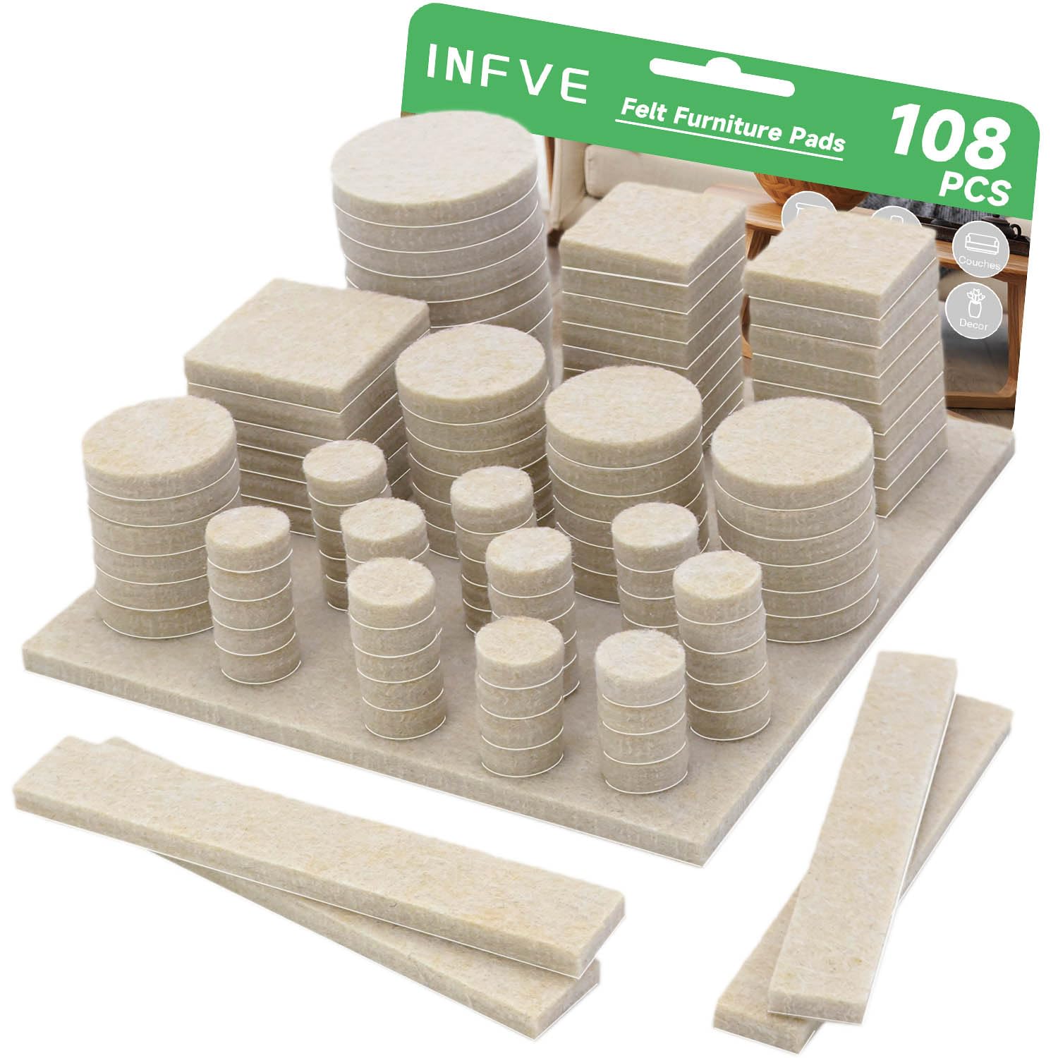 Felt Pads for Furniture Feet, Sticky Furniture Pads Floor Protectors, Round Square Rectangle, 108-pack Beige