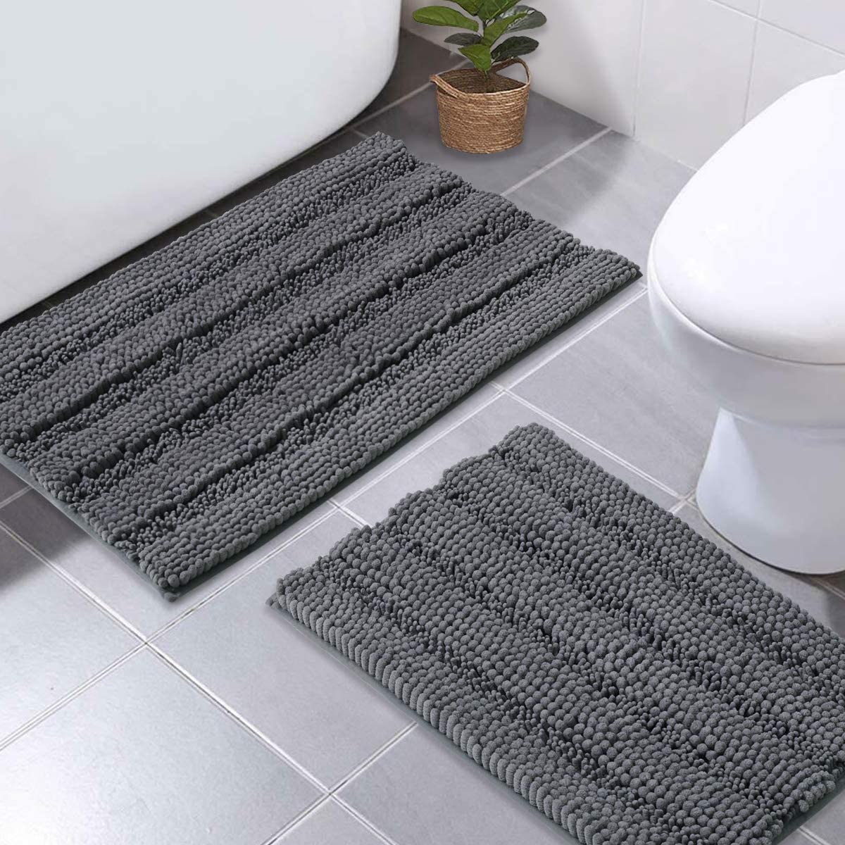 Bathroom Rug Mat,MIXDE 2 PCS Soft Texture Chenille Plush Floor Mats,Slip-Resistant Microfiber Dry Fast Bath Mats, Microfiber Door Mat for Kitchen/Entryway (Grey-16''x24''and 24''x36'')