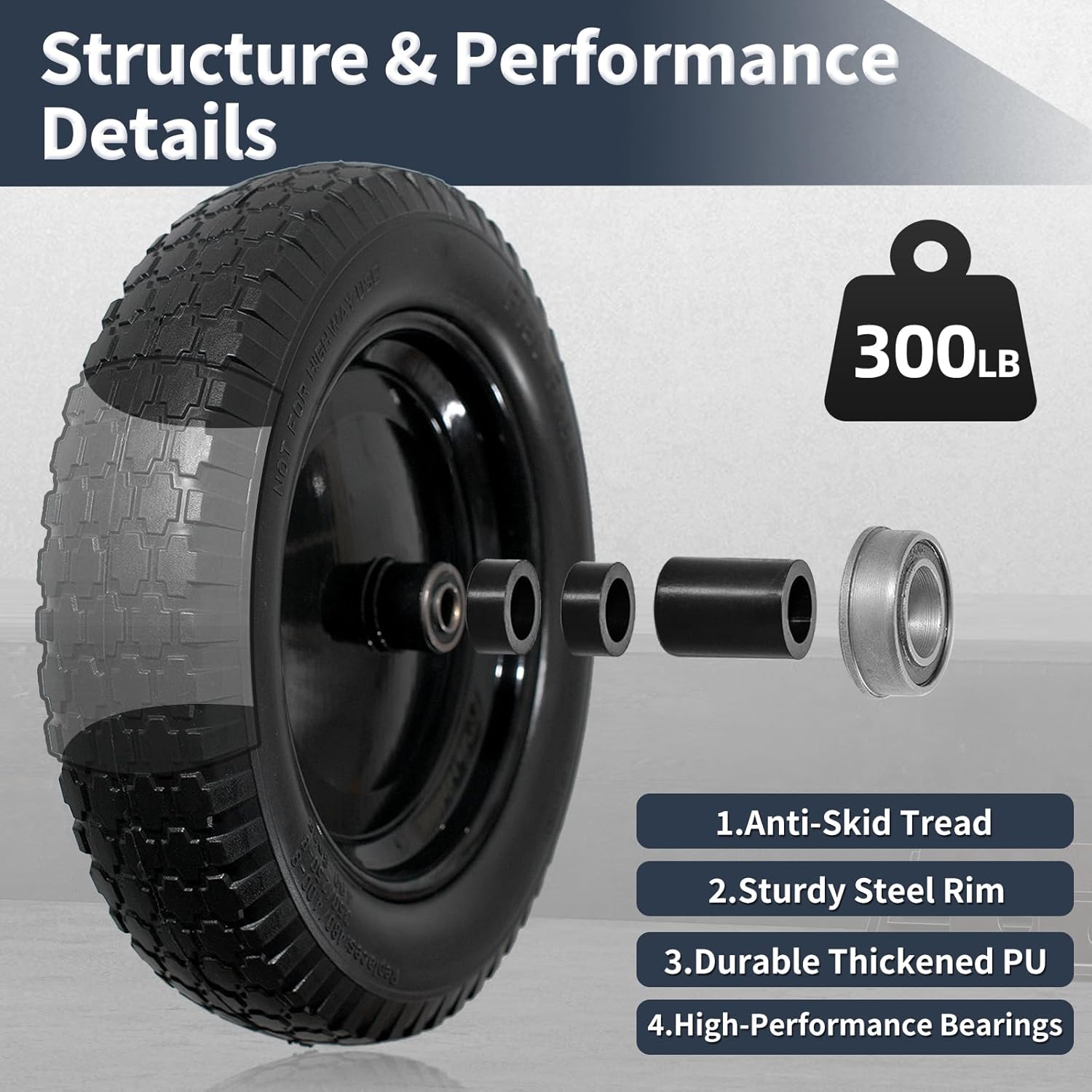 Wheelbarrow Wheel 4.80/4.00-8 Tire Flat Free Wheelbarrow Tires 14.5", Solid Wheel barrow tires Replacement, 5.8" and 3.4" Bearings 3" Center Hub, fits Garden Cart, Hand Truck, Wagon, 1 Pcs - Image 3