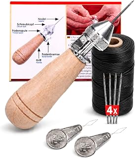 Profi Ledernäh-Set mit Handnähapperat Nähahle Sattlerahle + gewachstem Garn + Einfädler +Ersatznadel - Handnähmaschine für dicke Stoffe - Sattlergarn - Ledergarn - Polstergarn (schwarz)