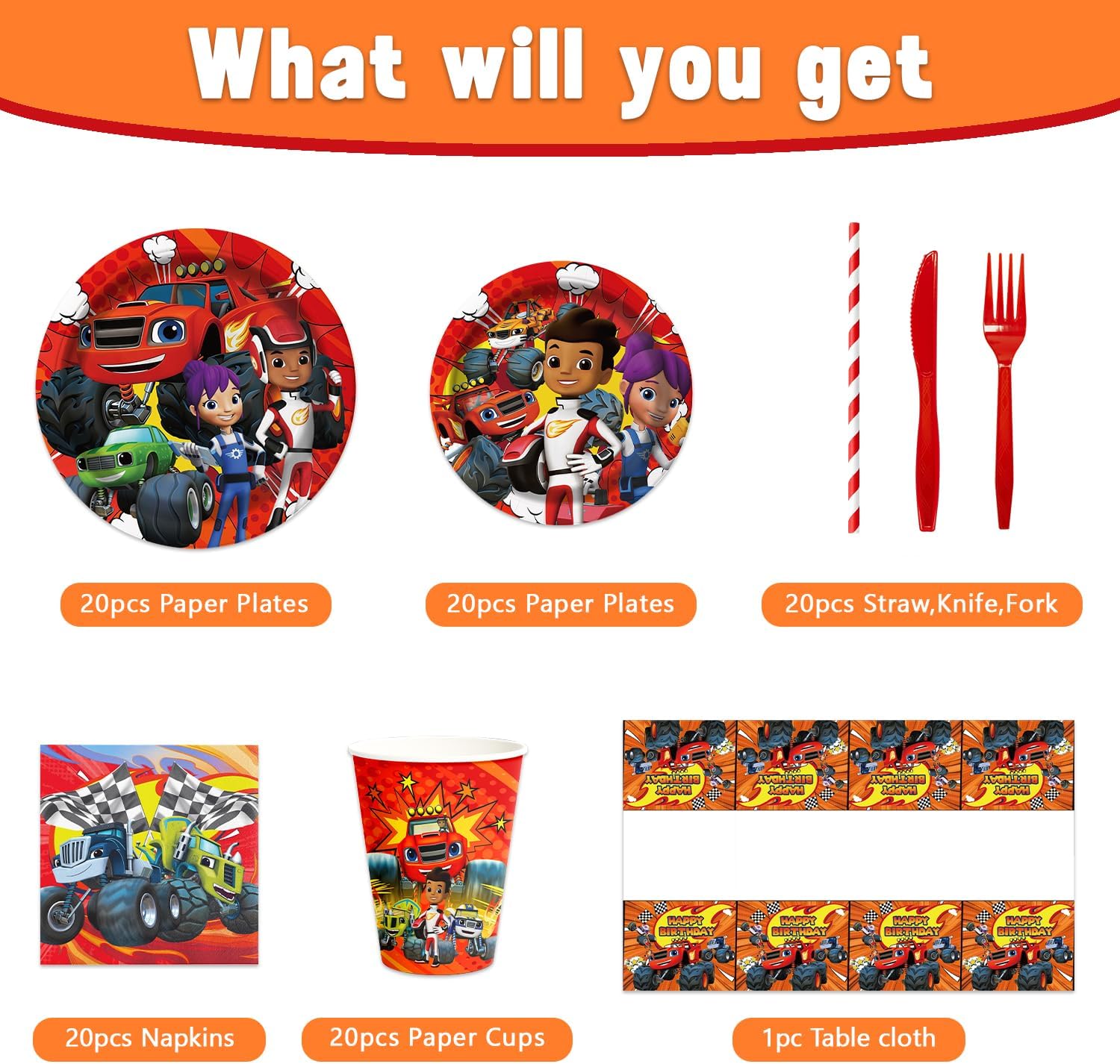 141Pcs Blaze and the monster Parties,Blaze and the monster Party Tableware Disposable Dinnerware Plates Cups Napkins for Whells Baby Shower Party Decoration Supplies,Serves 20 image 4