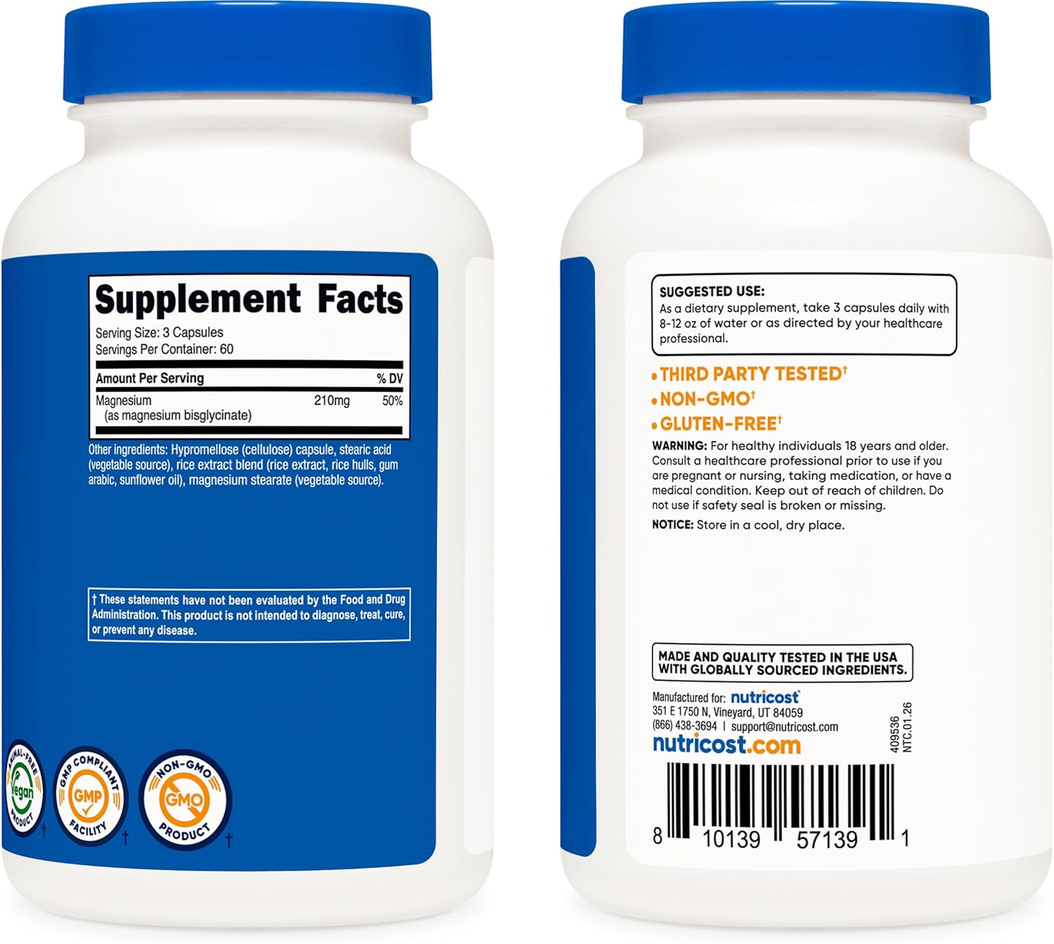 Nutricost Magnesium Glycinate Capsules (180 Capsules, 210 mg Per Serving) - Magnesium Glycinate Supplement for Gentle Absorption