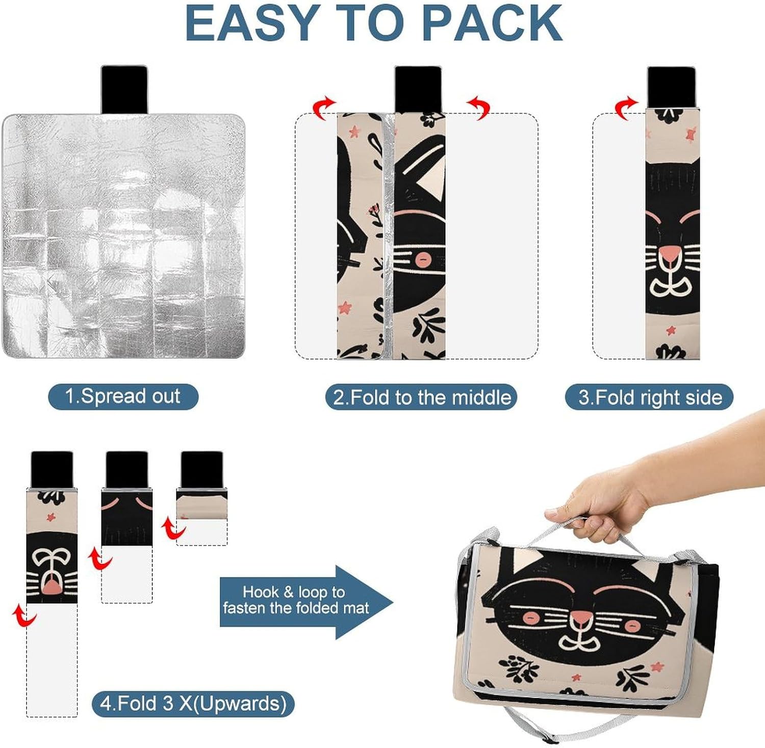 Outdoor Picnic Blanket Extra Large Beach Blanket Waterproof Picnic Mat Cat Pattern Camping Blanket Portable with Carry Strap Park Blanket for Grass Camping Park