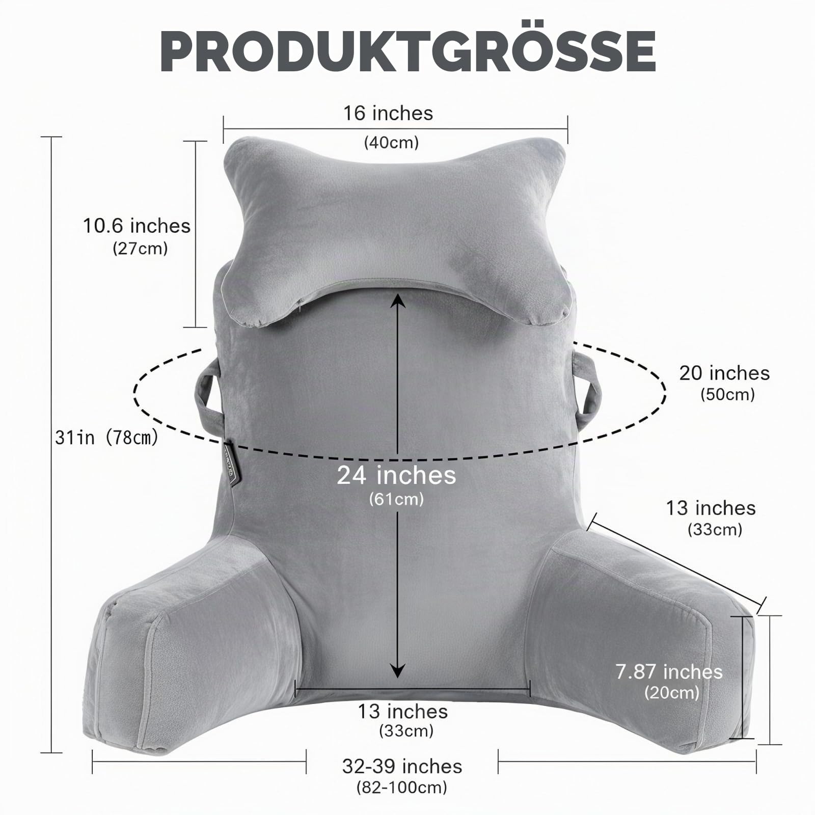 Lesekissen für Erwachsene mit Armstütze und abnehmbarem Nackenkissen – Weiches Velours-Rückenkissen zum Lesen, Fernsehen oder Spielen, mit Seitentaschen und waschbarem Bezug.