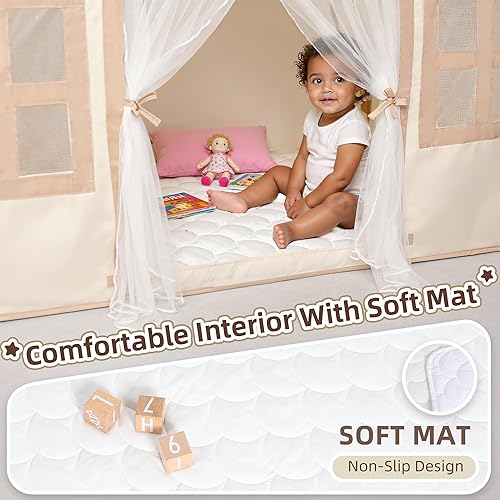 Miniatura 5 de Tienda de campaña para niños en el interior: con alfombra, guirnalda de borlas, luces de estrella, tienda de campaña para niñas pequeñas, casa