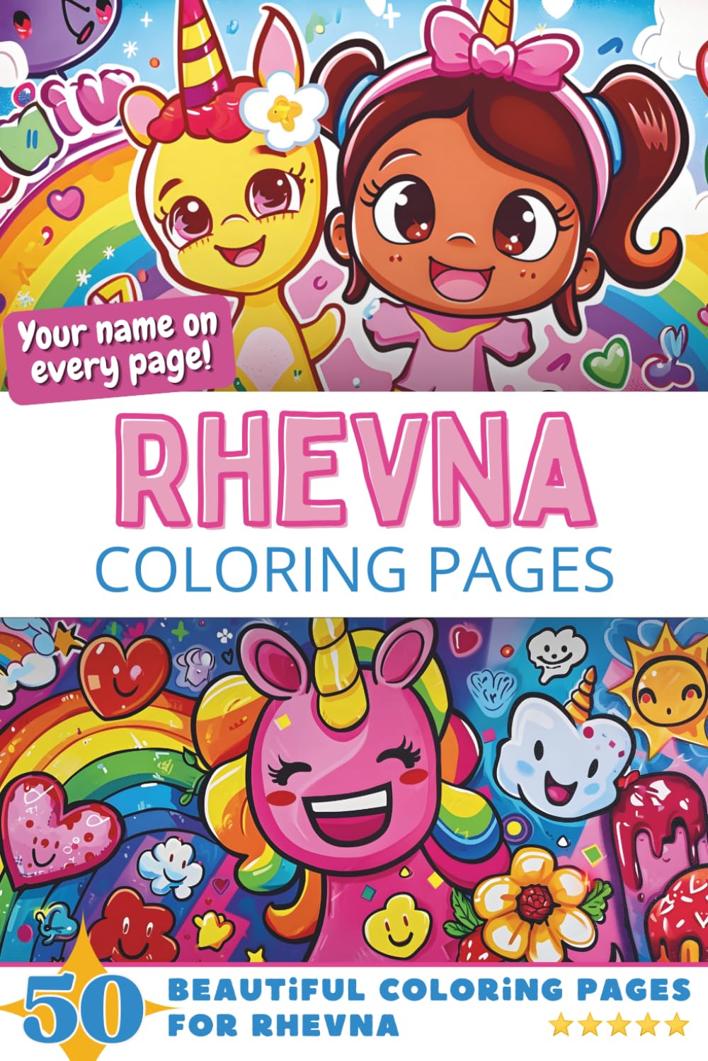 Rhevna Coloring Pages: Wow-Effect! Your name on every page - Rhevna coloring book - 6x9" - 50x Rhevna coloring page - Fantastic Gift